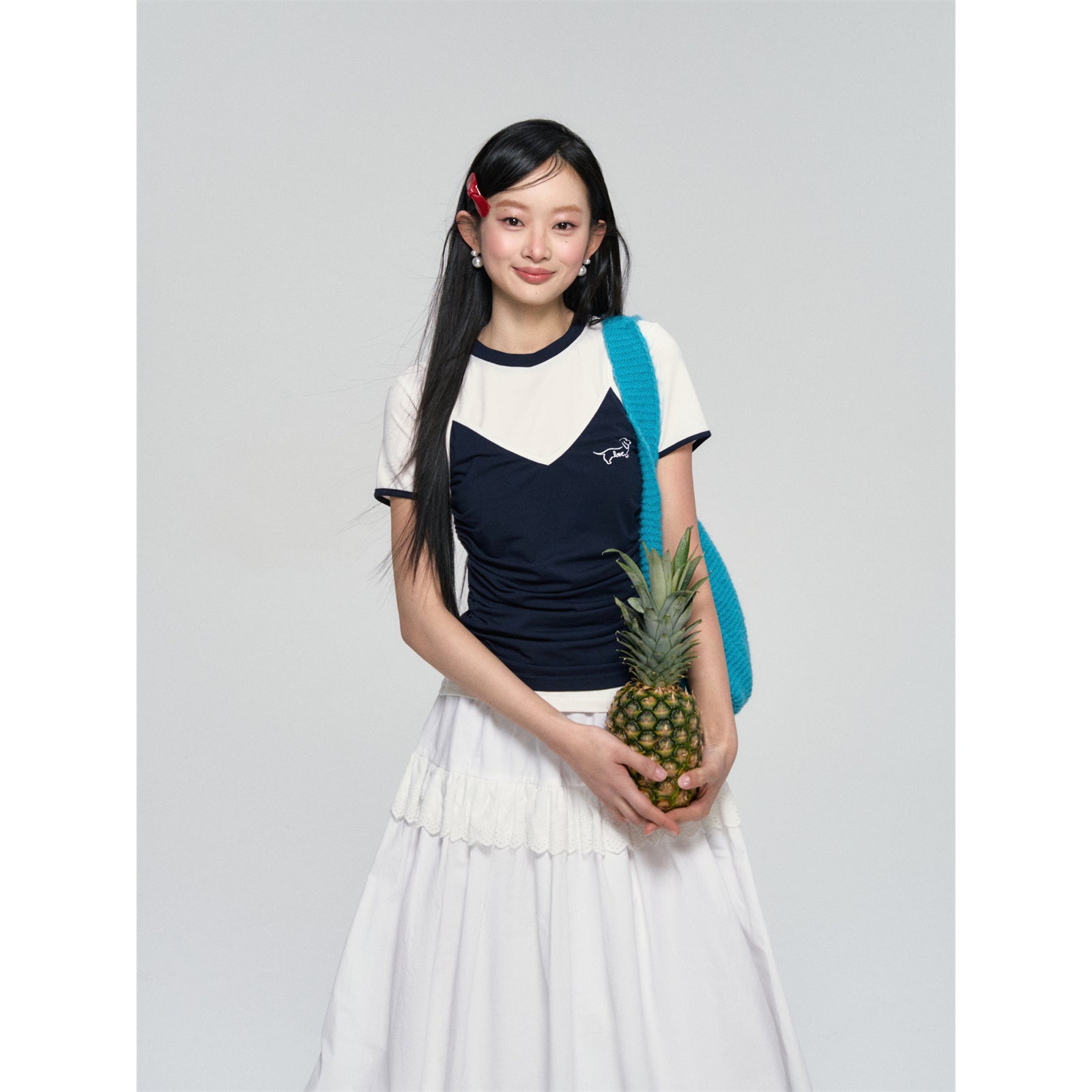 AsGony ASG25063 Color blocking strap style fake two-piece T-shirt
