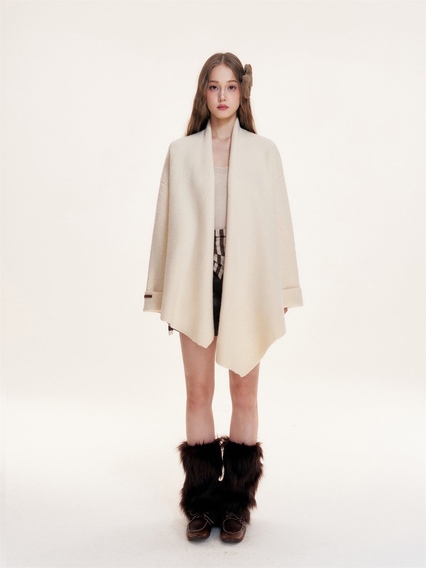 16DEWS 16D25411 Irregular hem lapel woolen cloak coat