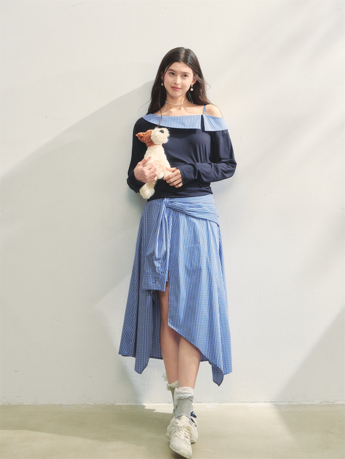 AsGony ASG25265&ASG25266 Plaid patchwork contrasting top + skirt set