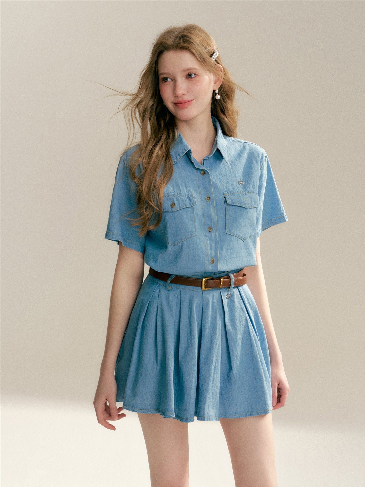 16DEWS 16D24084 Soft denim short sleeved shirt + skirt set
