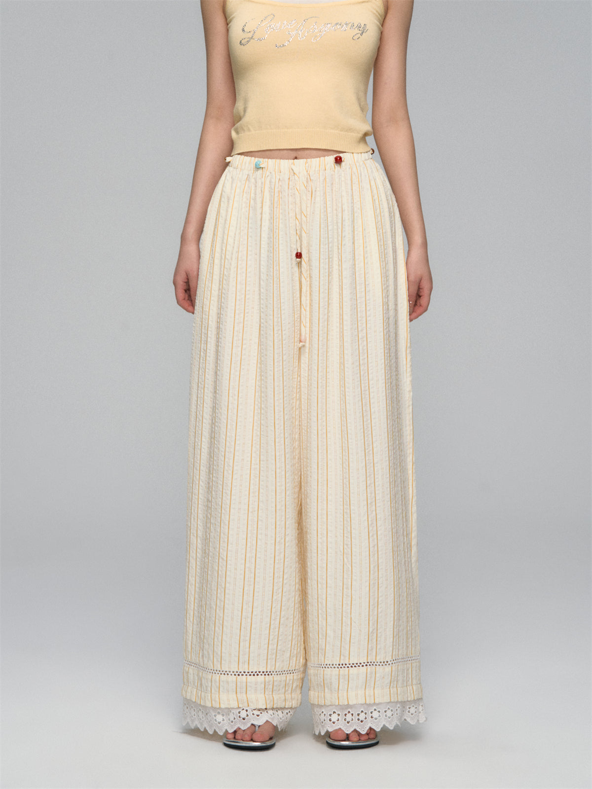 AsGony ASG25113 Striped lace straight leg casual pants (2color)