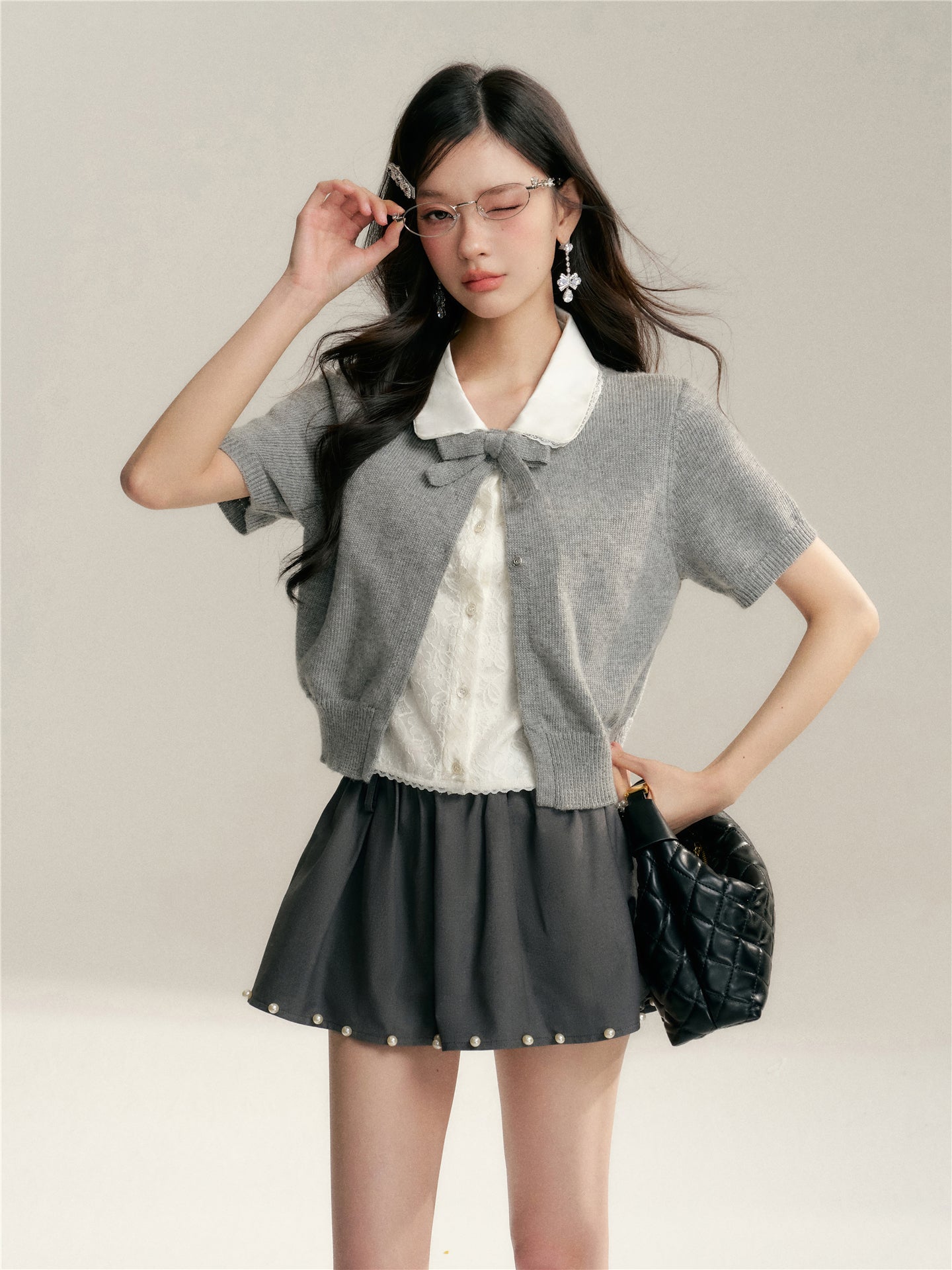 16DEWS 16D26065 Color blocking doll collar fake two-piece knitted short sleeved shirt