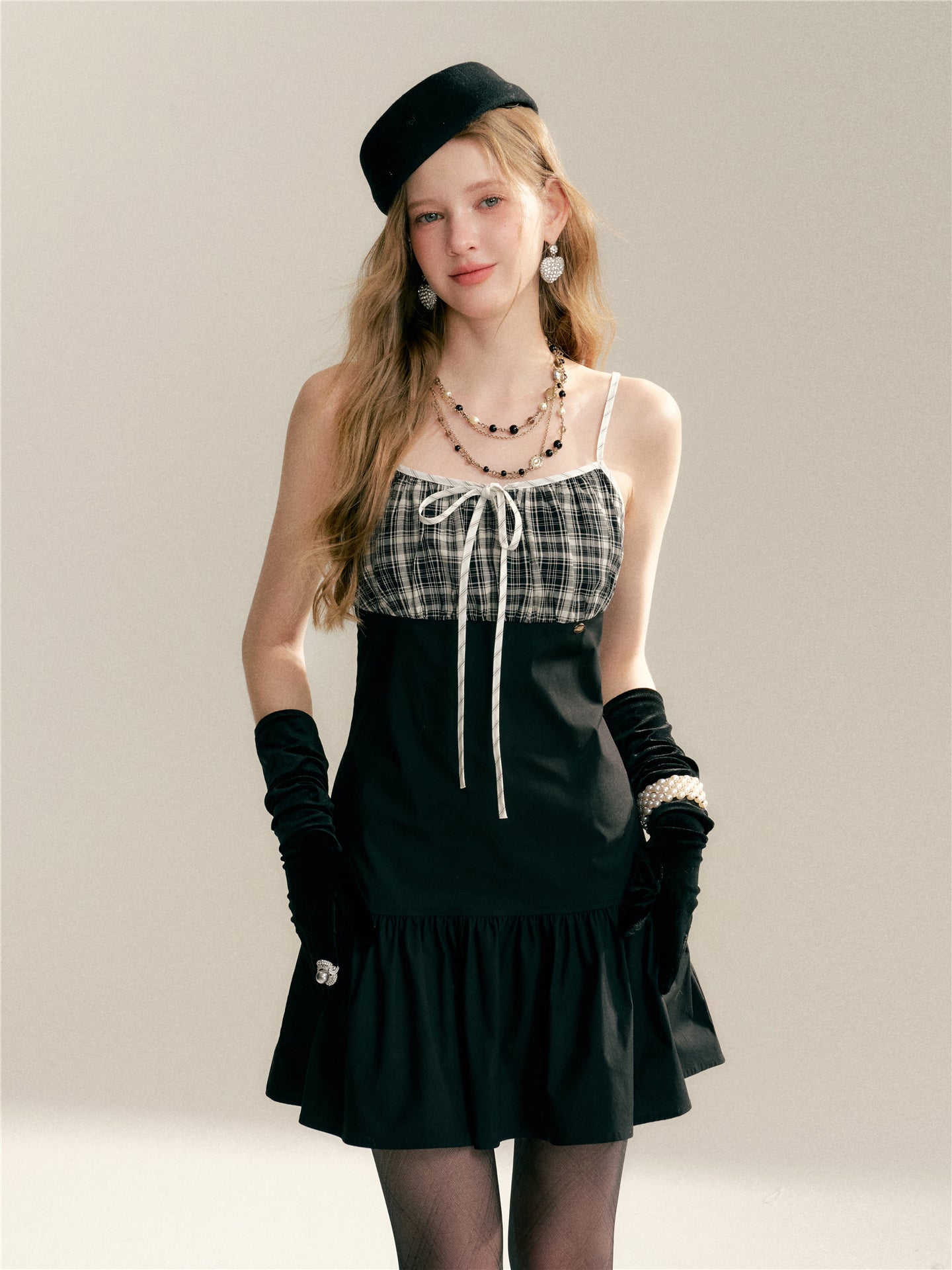 16DEWS 16D246064 Plaid patchwork camisole dress