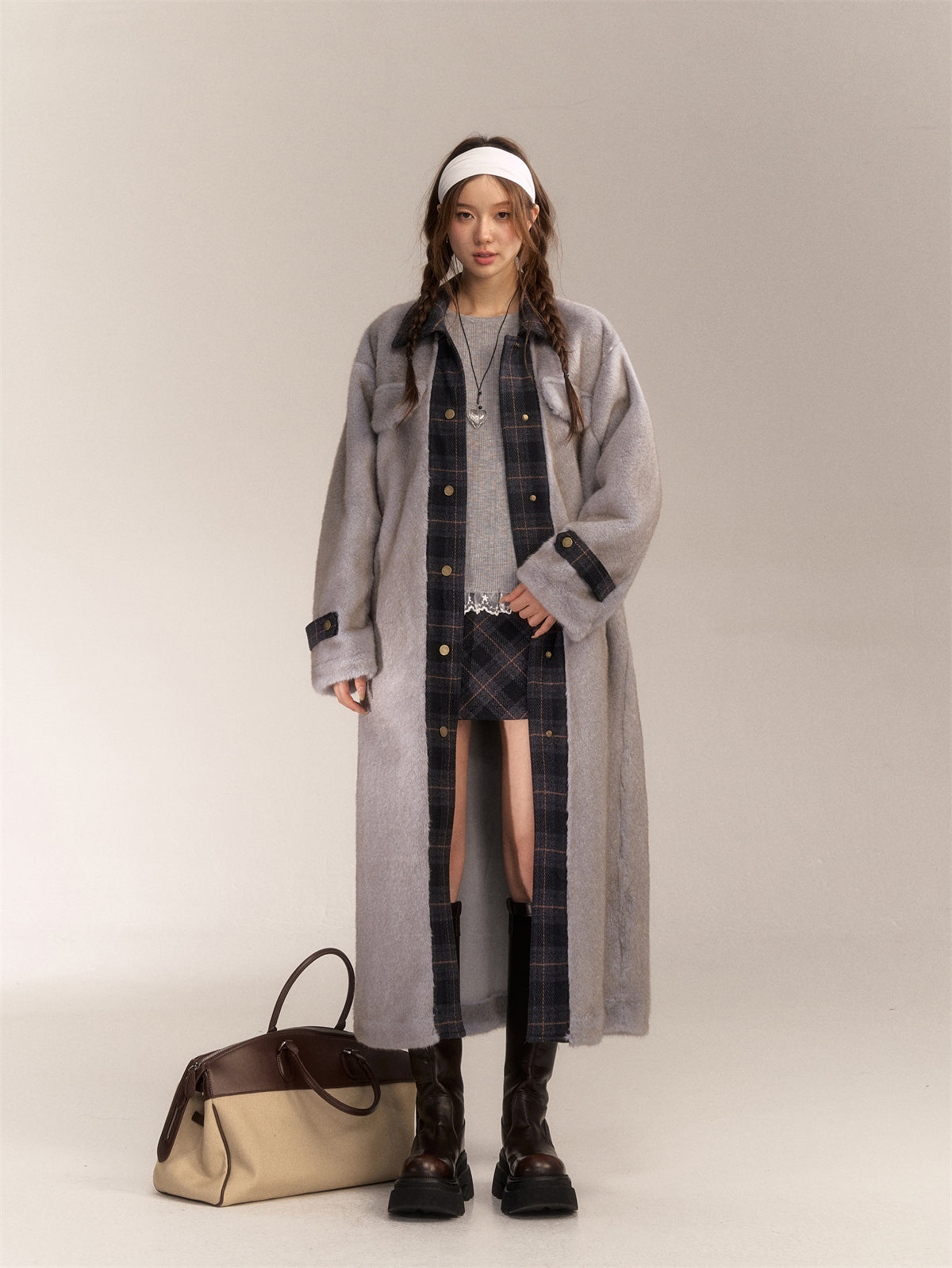 AsGony ASG24646 Plaid patchwork wool long coat