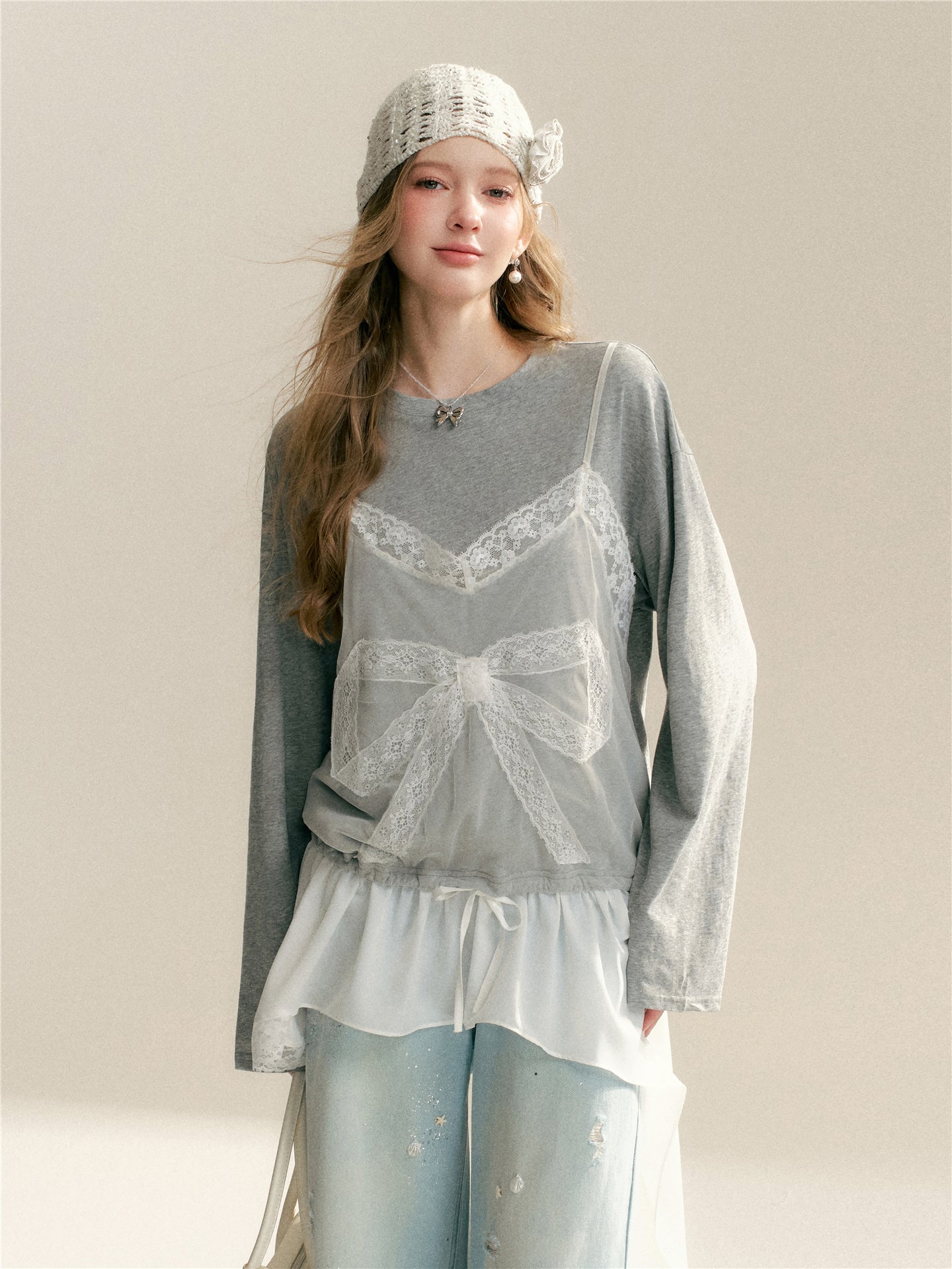 16DEWS 16D26062 Lace Splicing Fake Two Piece Irregular T-shirts