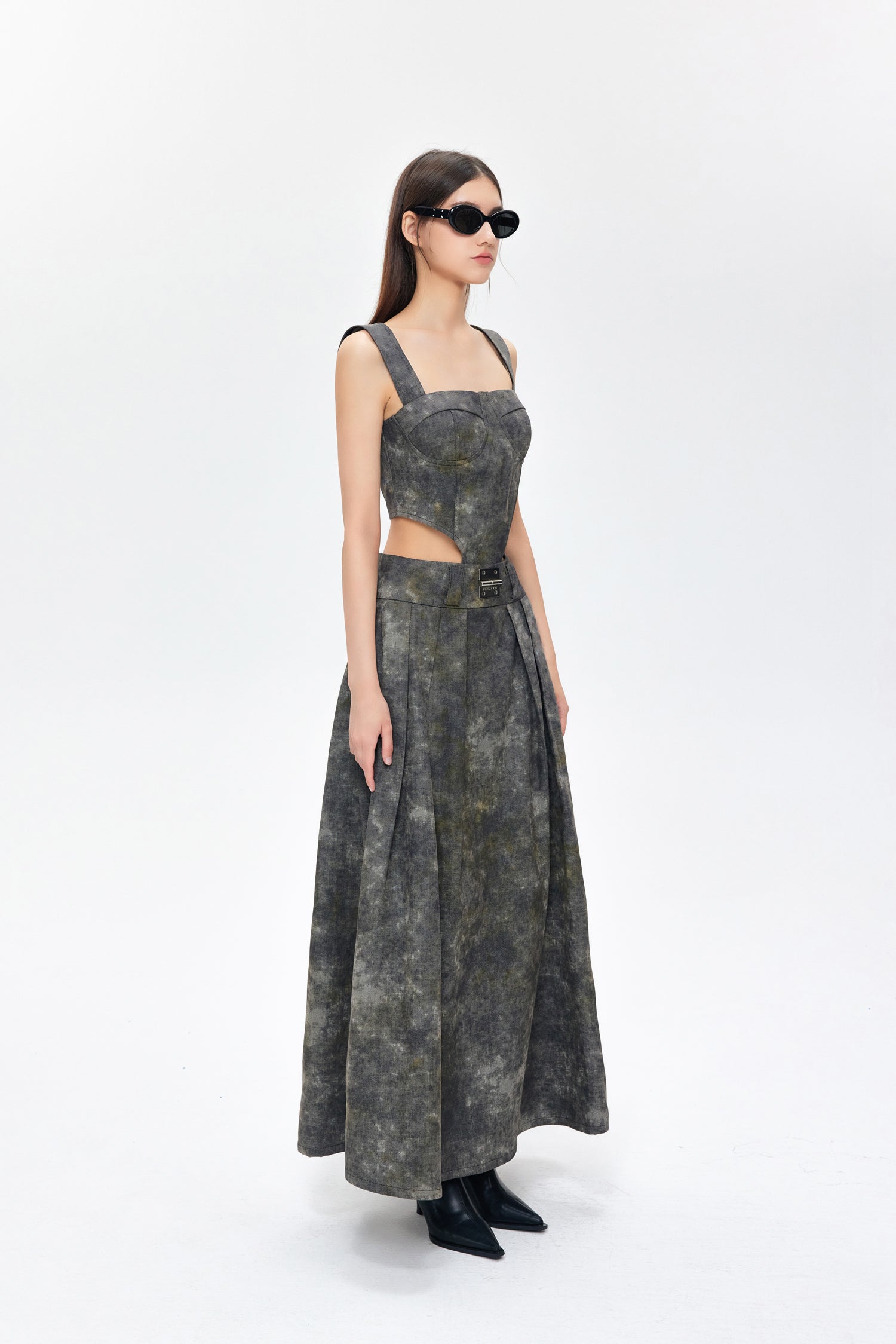 YJ1NGZYZJ DENIM ACID-WASH LONG SKIRT IN GRAY