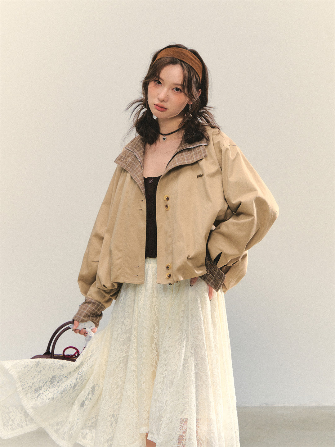 AsGony ASG25349 Grid splicing cocoon shaped windbreaker jacket
