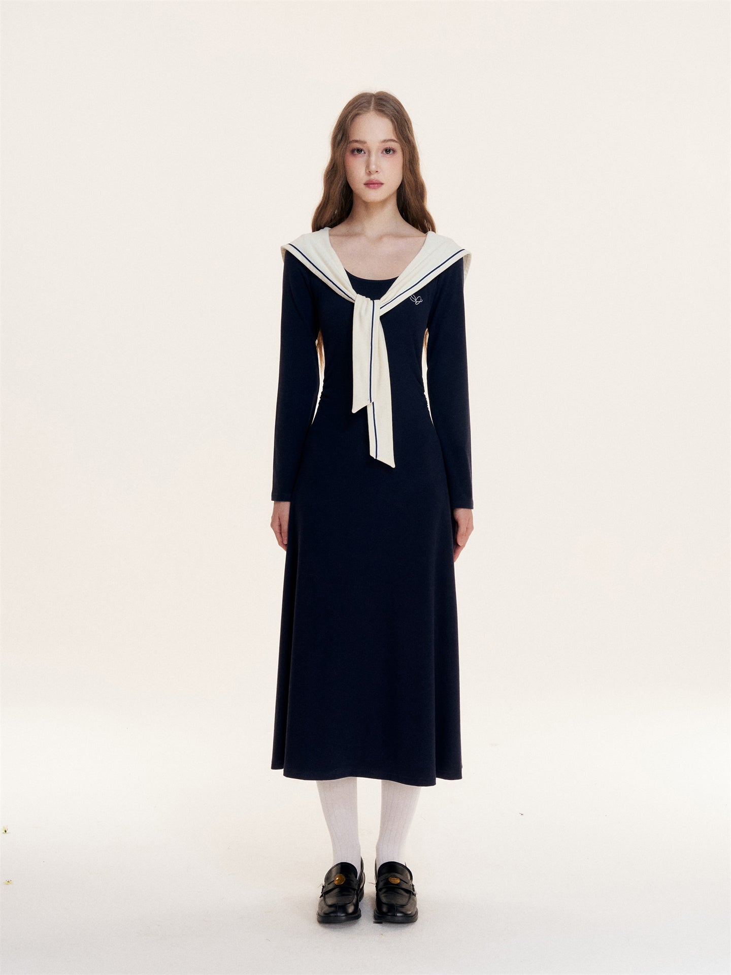 16DEWS 16D25422 Navy collared waist cinched dress