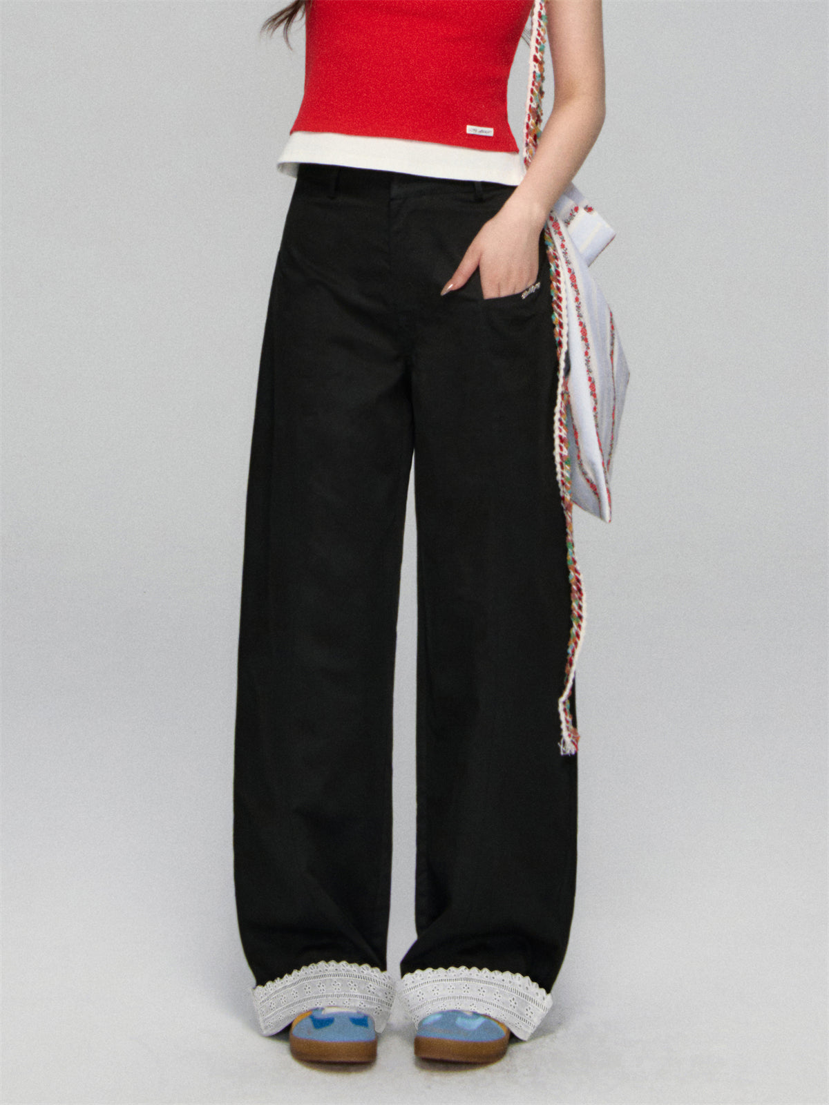 AsGony ASG25158 Flanging lace loose casual pants