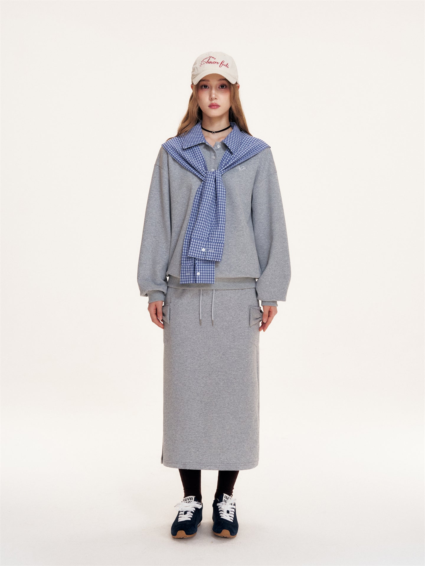 16DEWS 16D25399&16D25340 Grid patchwork polo lapel long sleeved sweatshirt + pants set