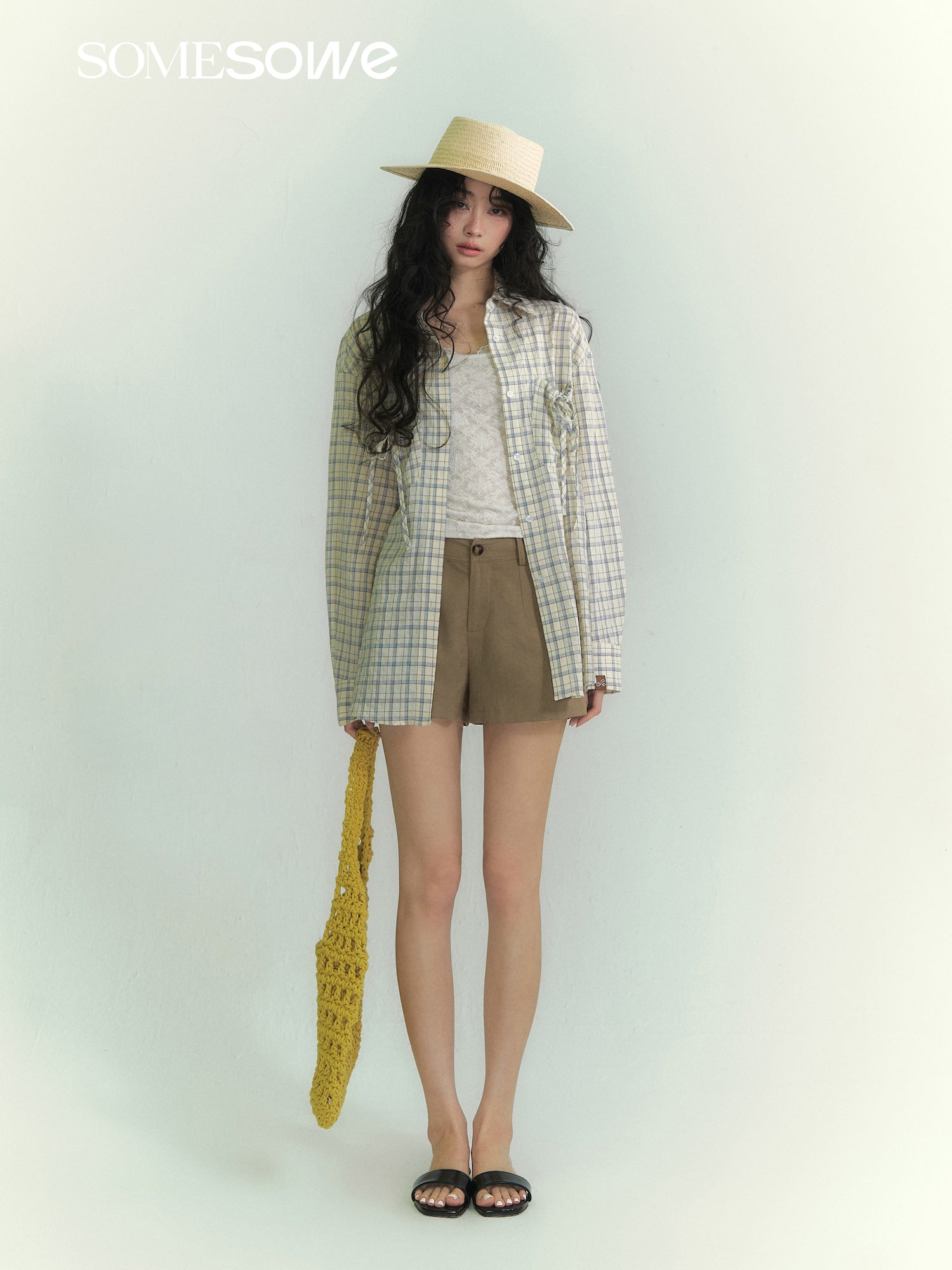 SOMESOWE S2609071 Drawstring pocket plaid shirt