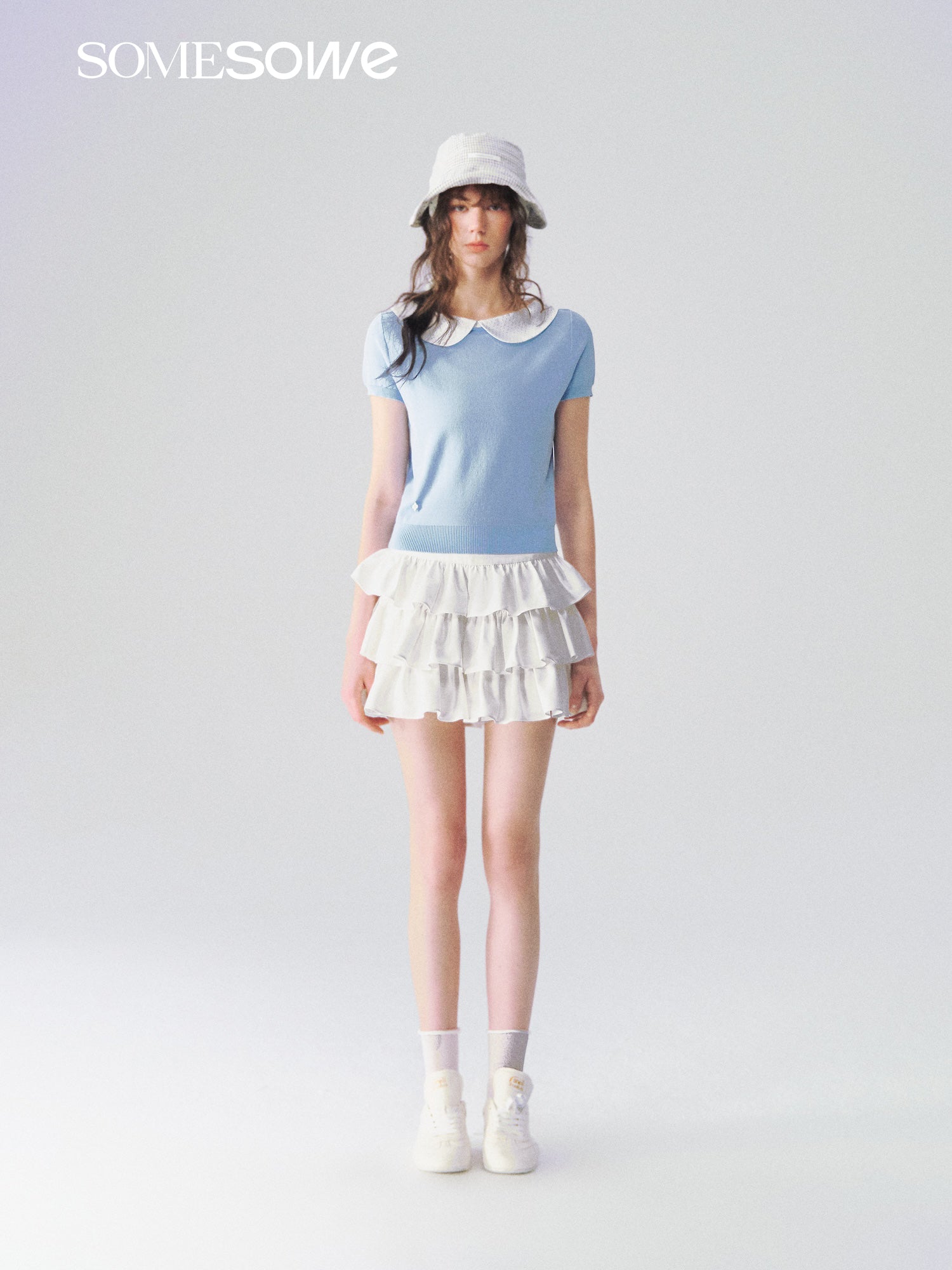 SOMESOWE S2609097 Doll collar patchwork knitted short sleeved shirt