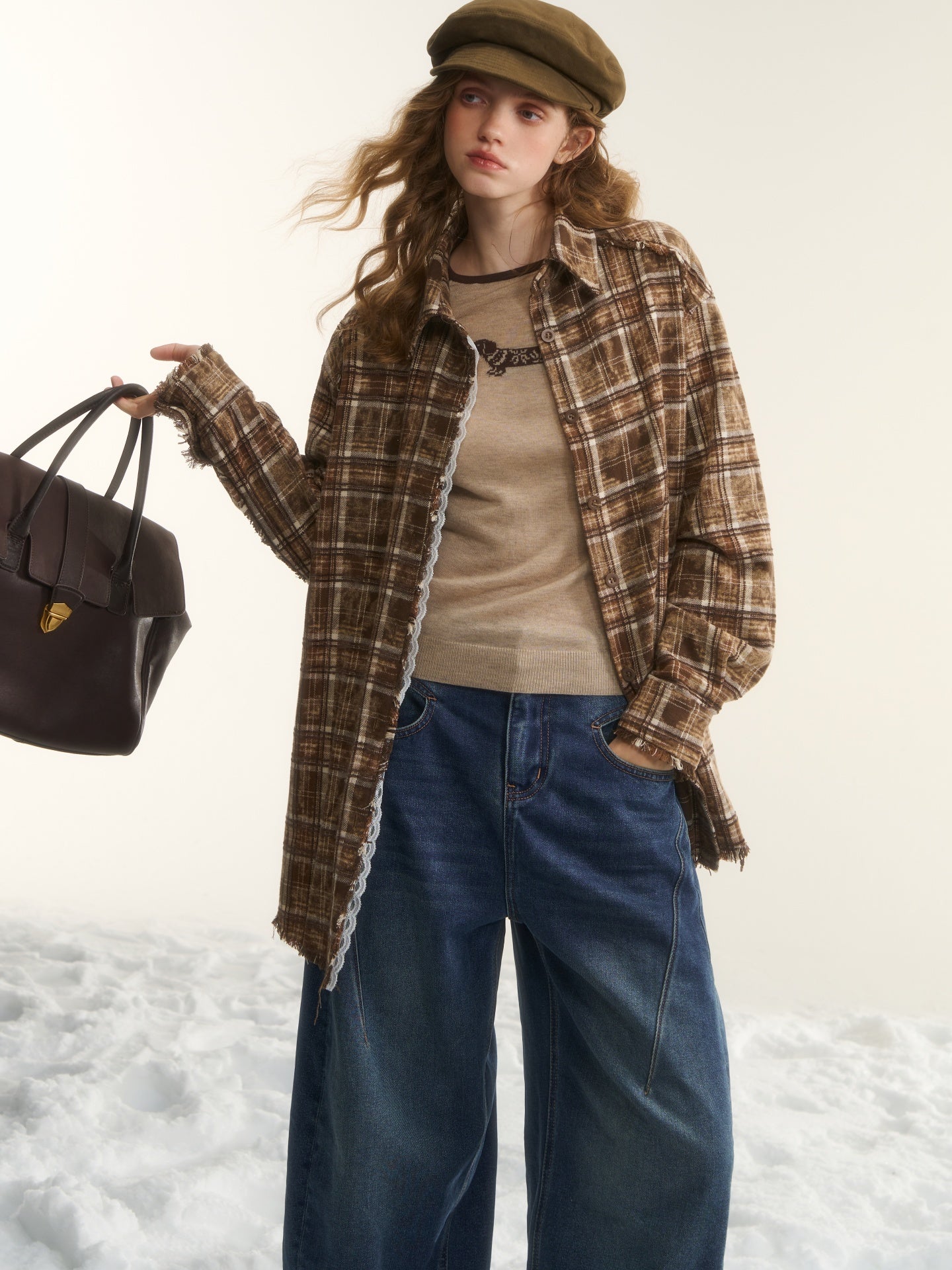 AsGony ASG24750 Lace edge patchwork brushed edge checkered shirt