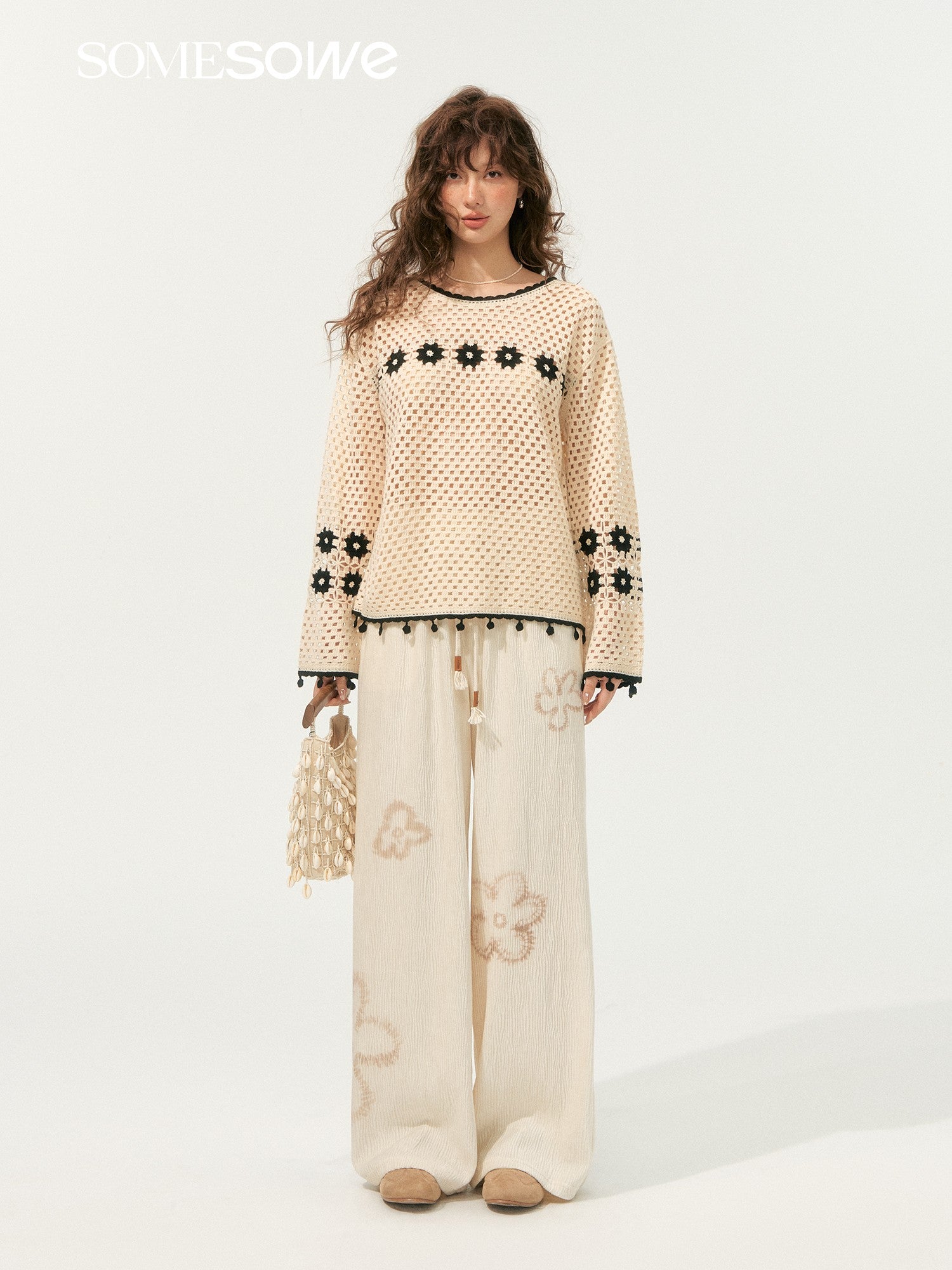 SOMESOWE S2508186&S2508194 Bohemian style hollowed out sweater + pants set