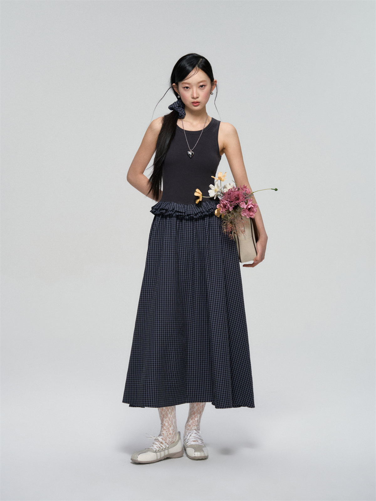 AsGony ASG25093 Color blocking plaid sleeveless dress