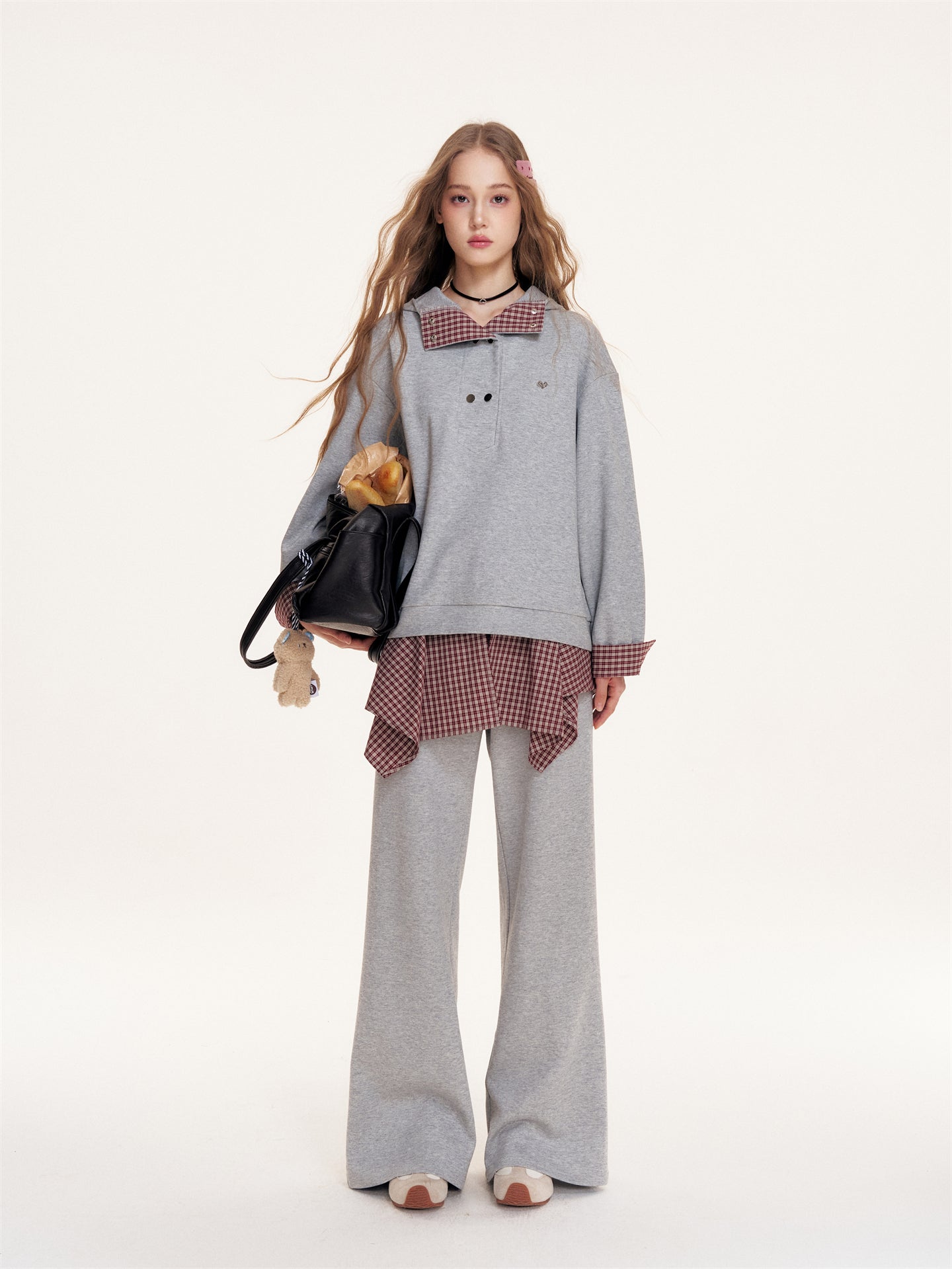 16DEWS 16D25397&16D25398 Plaid patchwork hooded sweatshirt + pants set