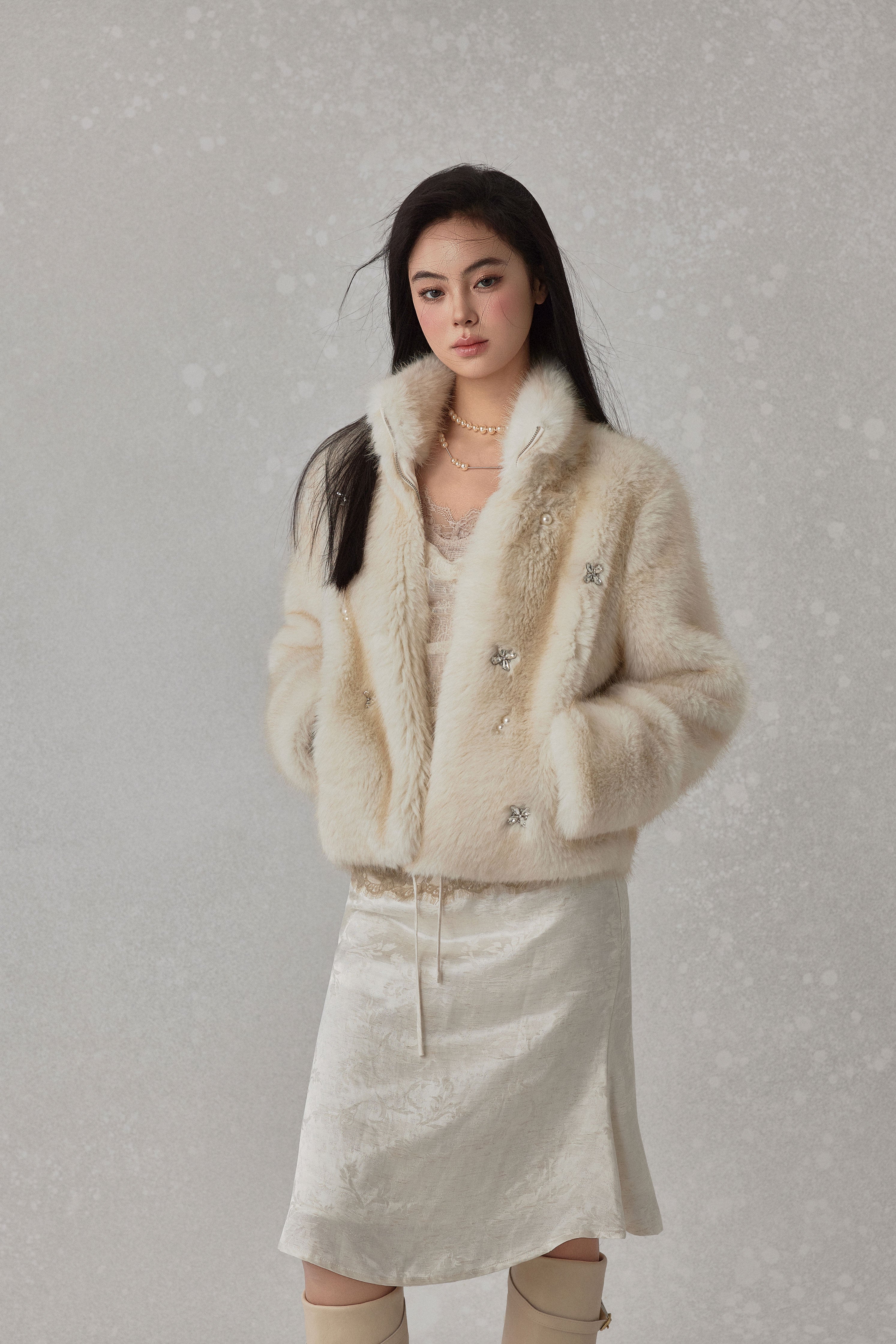 NONCESTNON N238 Pearl Buttoned Fur Coat