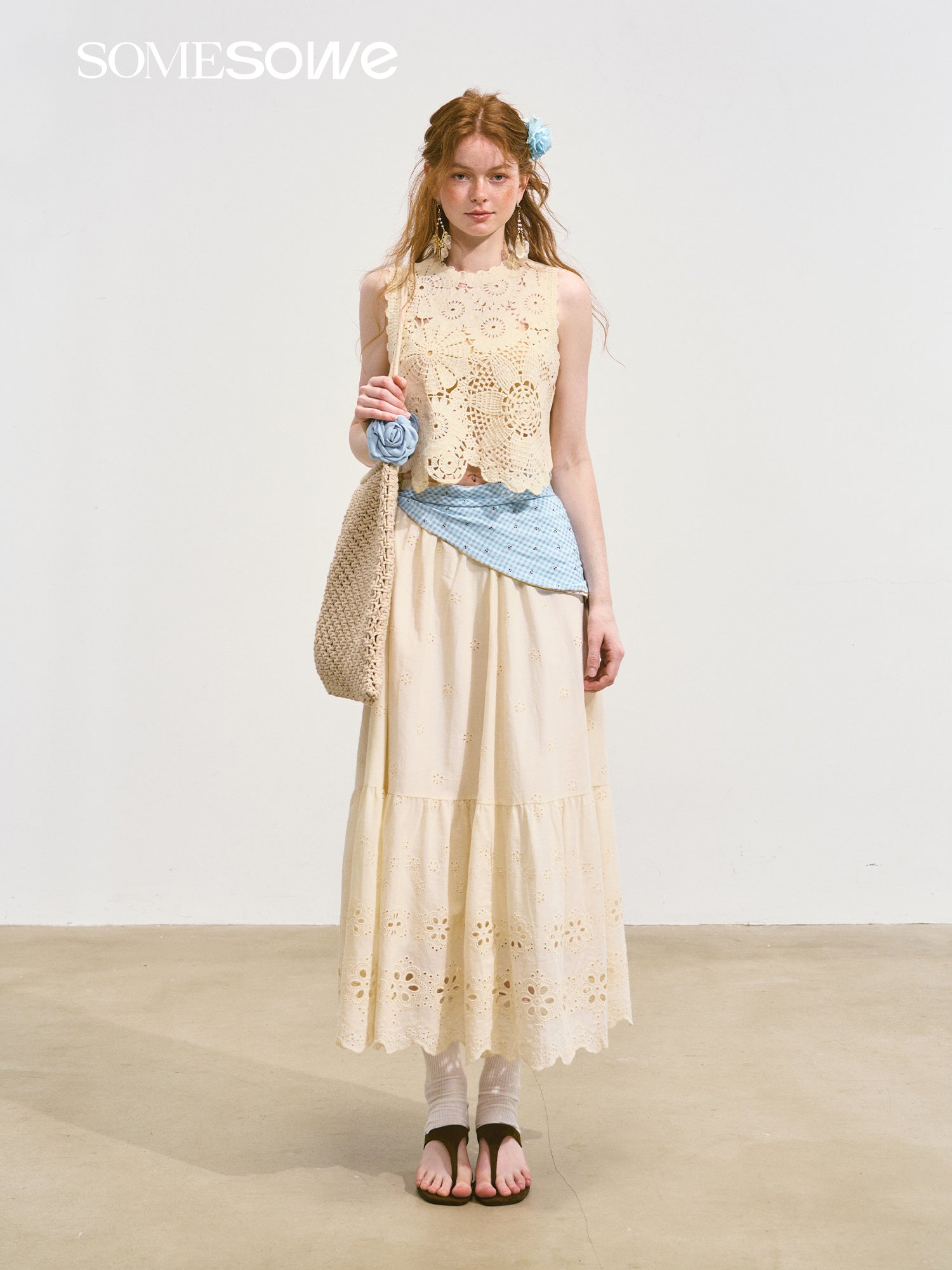 SOMESOWE S2508107&S2508118 Embroidered hollow flower vest + skirt set