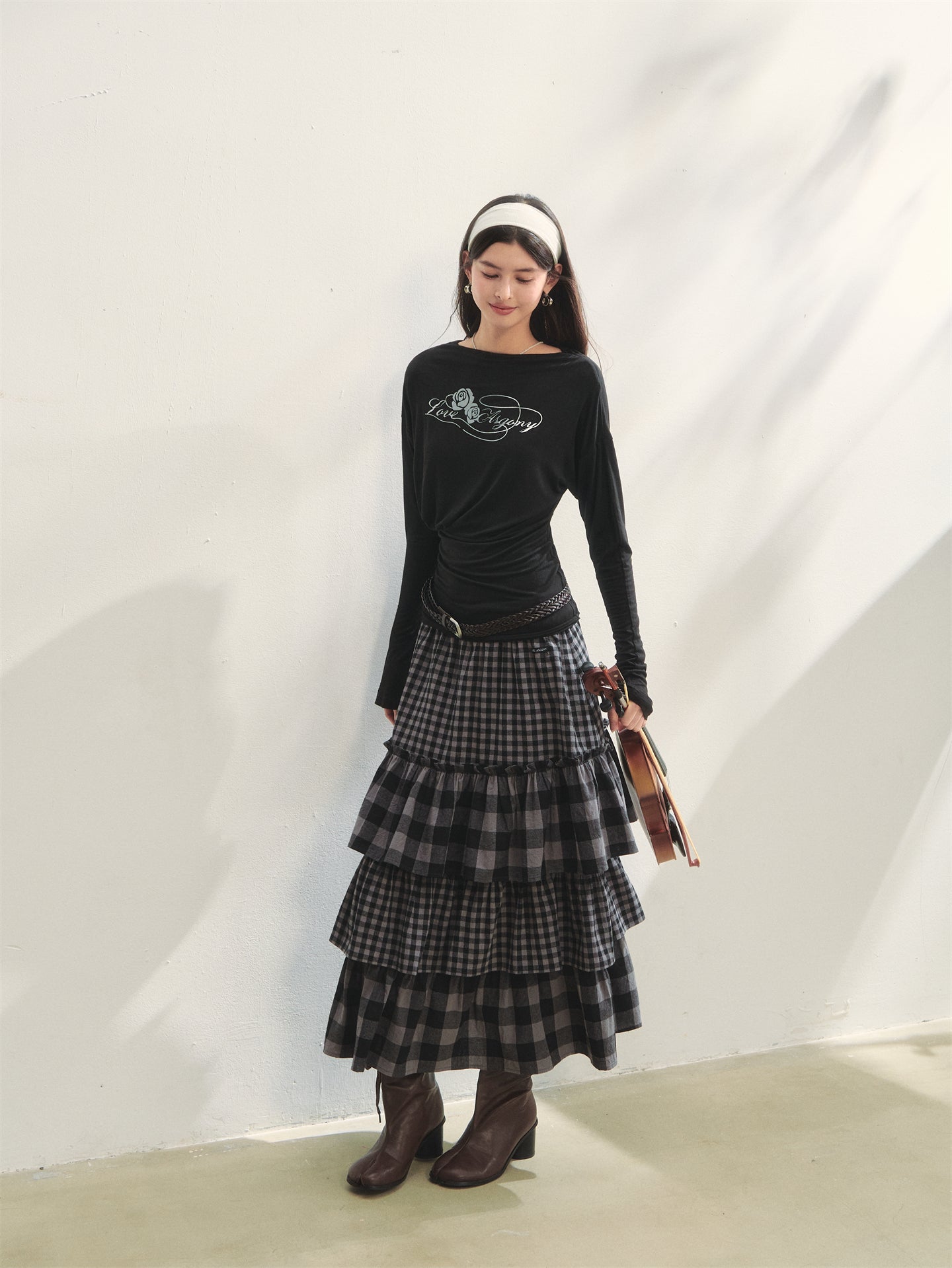AsGony ASG25288 Plaid patchwork lace waist multi-layer long skirt