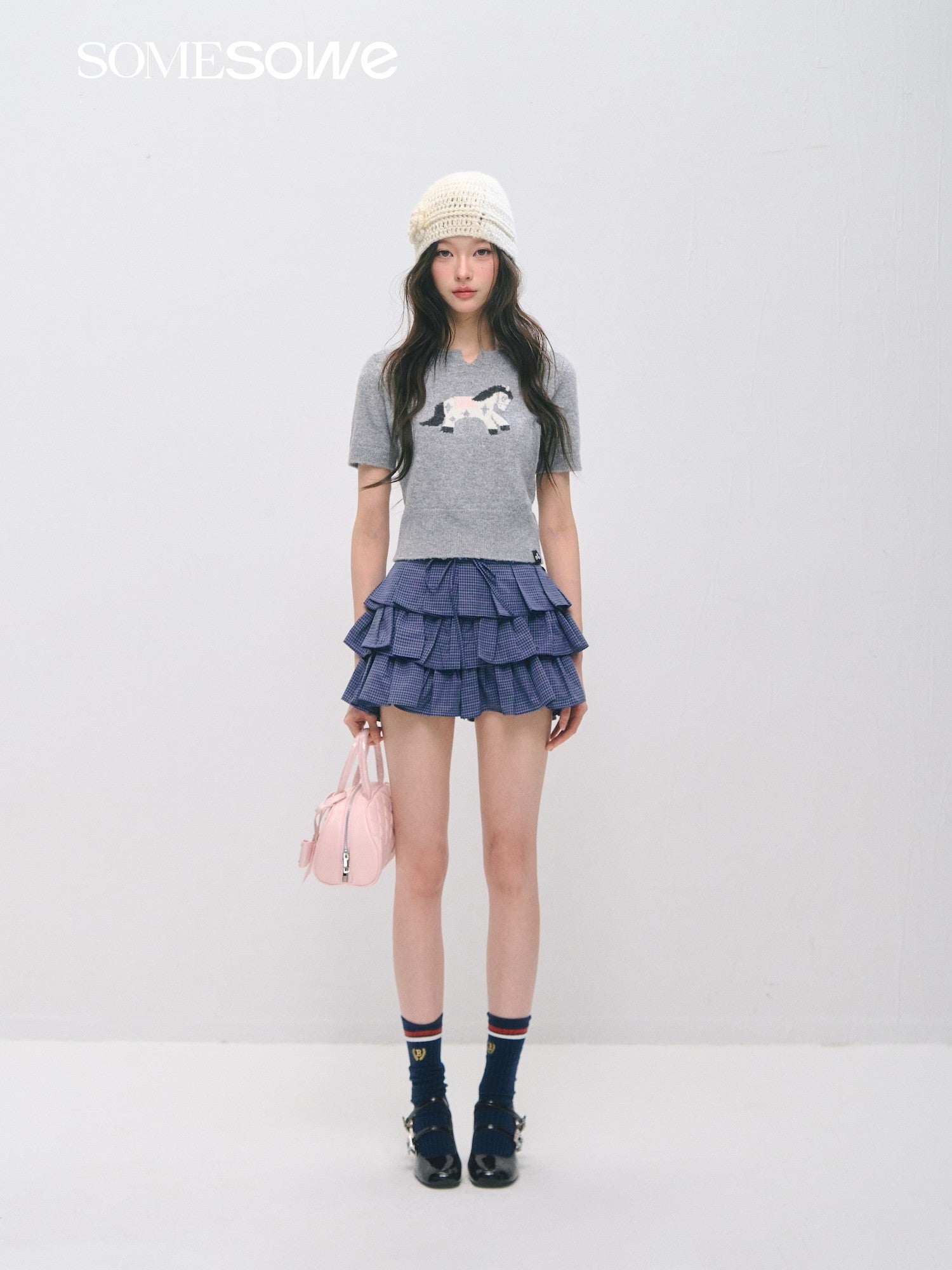 SOMESOWE S2609034 Pony Jacquard Knitted Short Sleeve Top