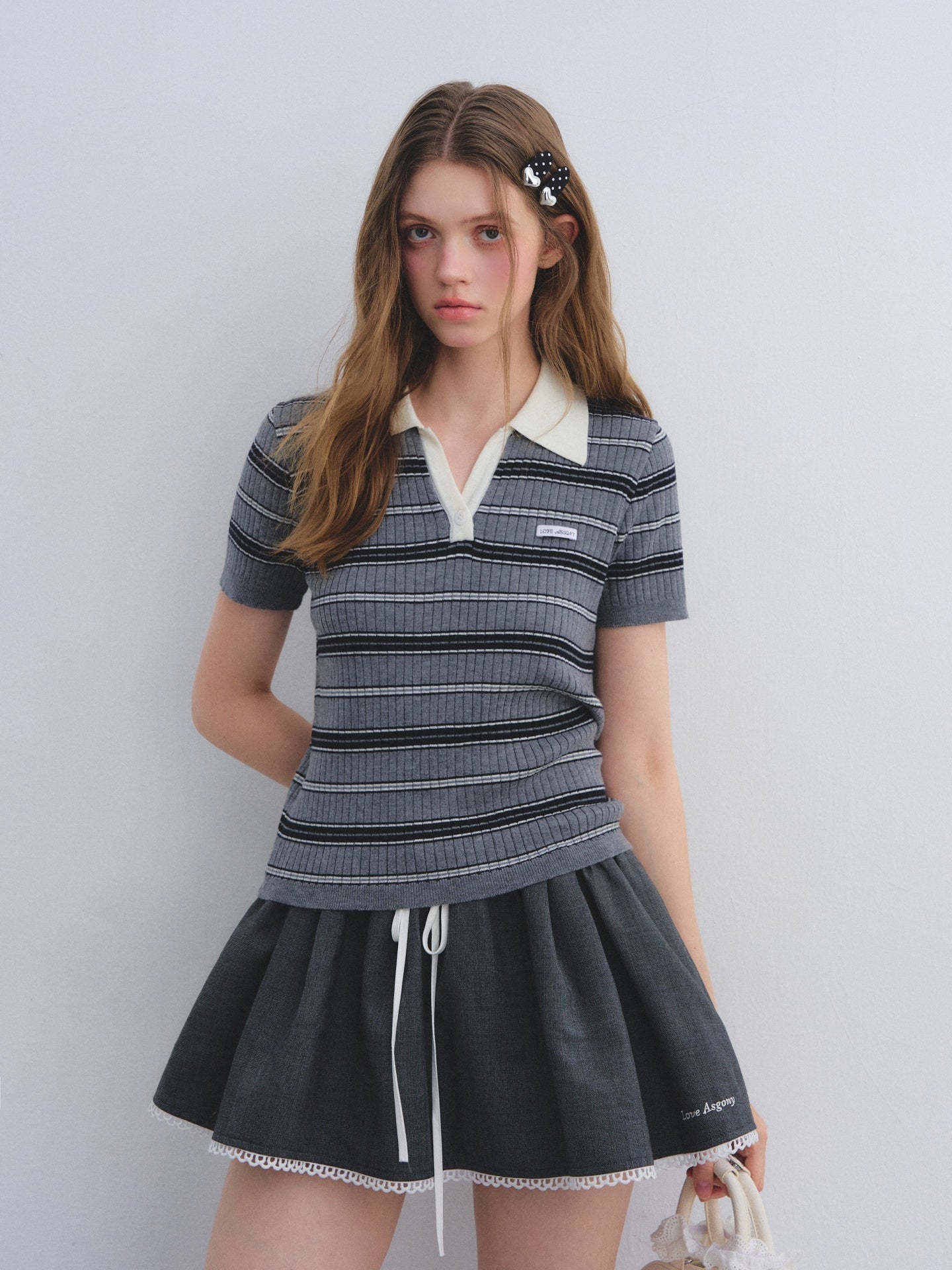 AsGony ASG25660 V-neck patchwork polo striped short sleeved sweater