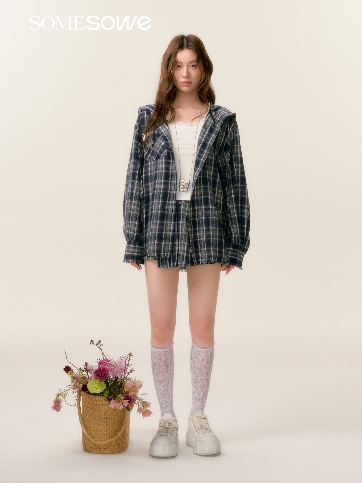 SOMESOWE S2508025&S2508026 Plaid hooded shirt + shorts set(seperate)