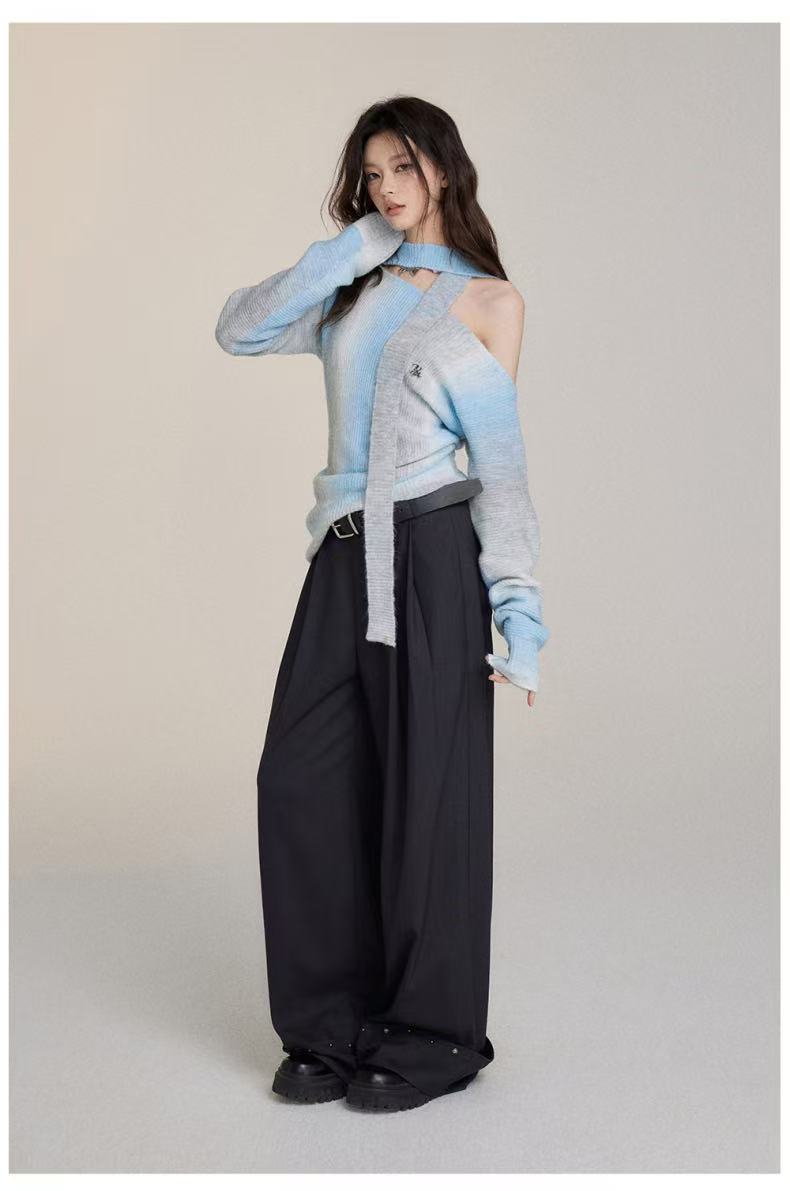 VIA PITTI V24DK246 Offe-shoulder ribbon gradient knit top(3color)