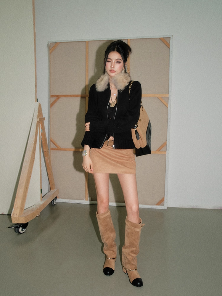 OLIVIA DUO DWT25423 Fur-Collar Top and Belted Brown Culottes Set