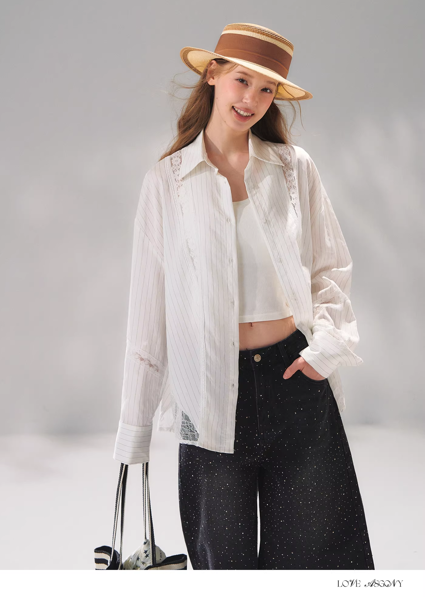 AsGony ASG26073 Striped lace patchwork embroidered shirt