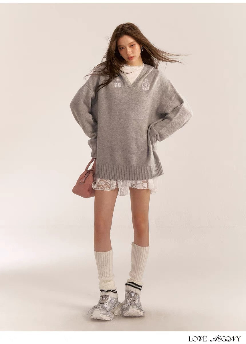 AsGony ASG24554/ASG24553 Grey Sweater & Lace Dress