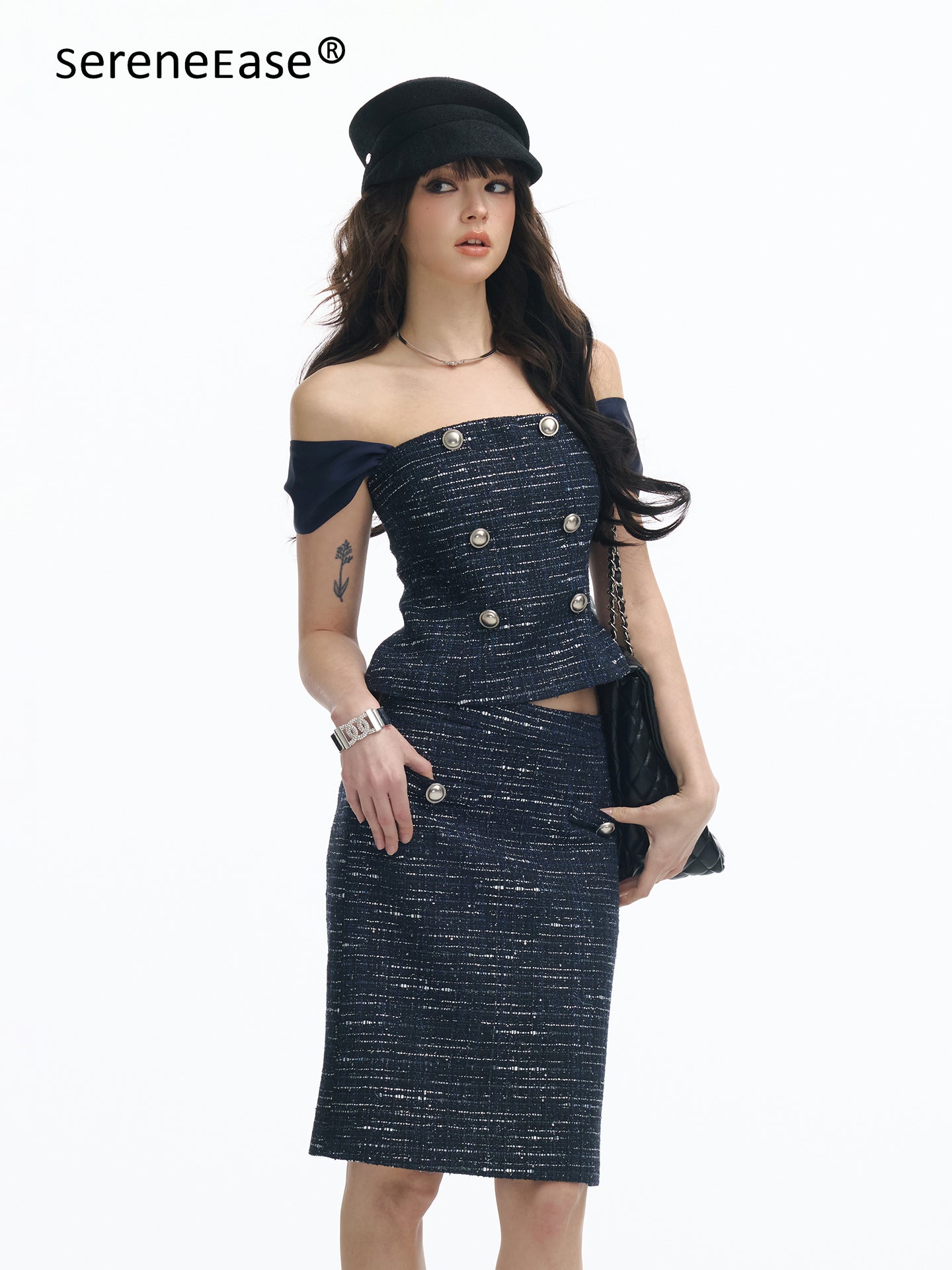 Serene Ease Off shoulder double breasted top + skirt