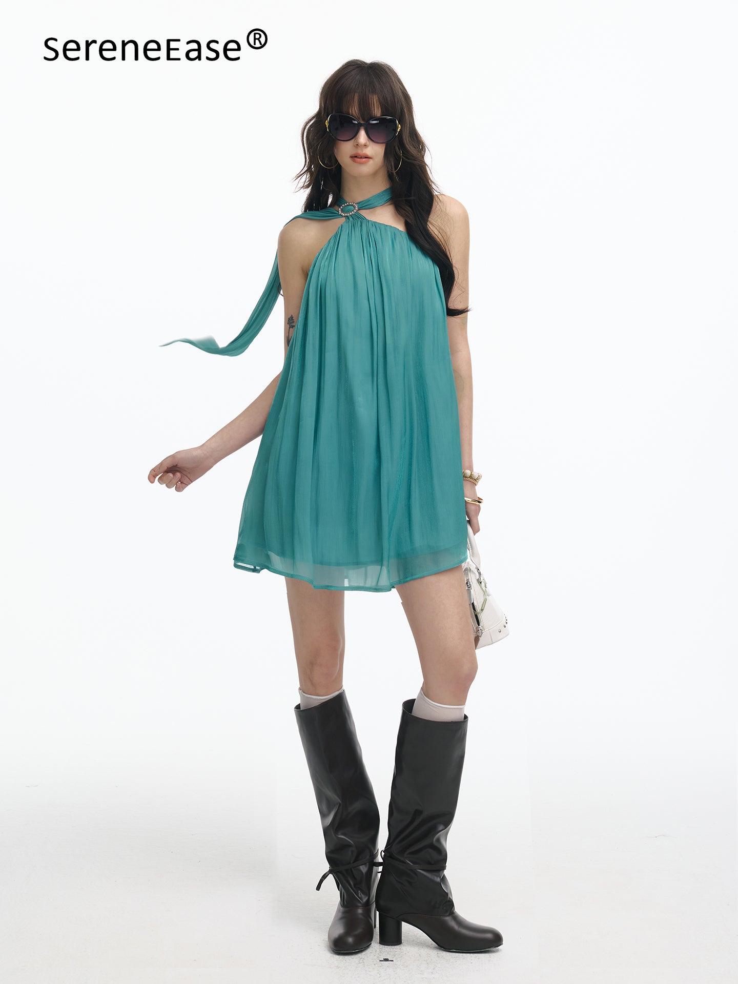 Serene Ease Satin light neck hanging ribbon dress