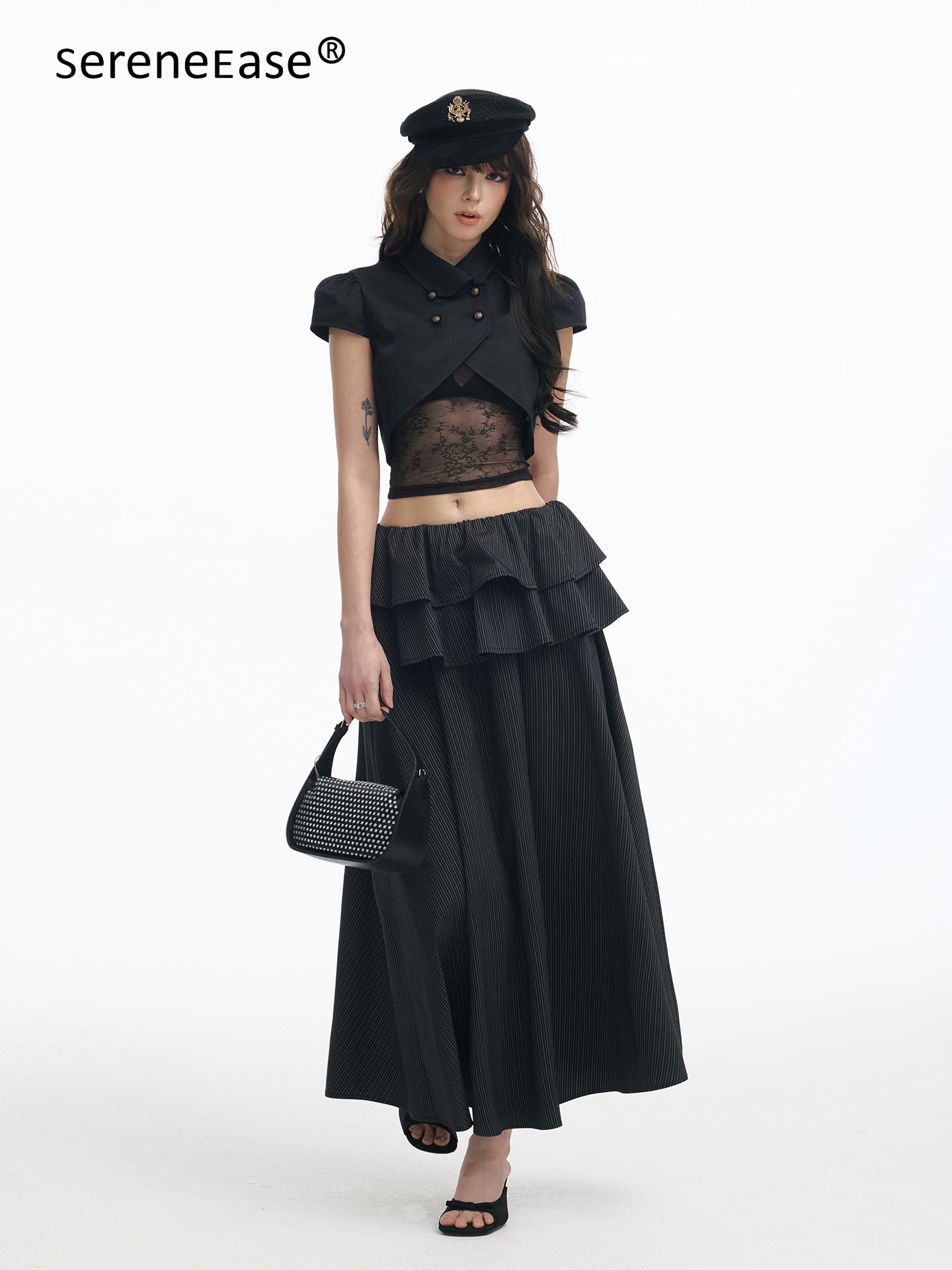 Serene Ease Lace hollow-out puffed sleeve top + skirt