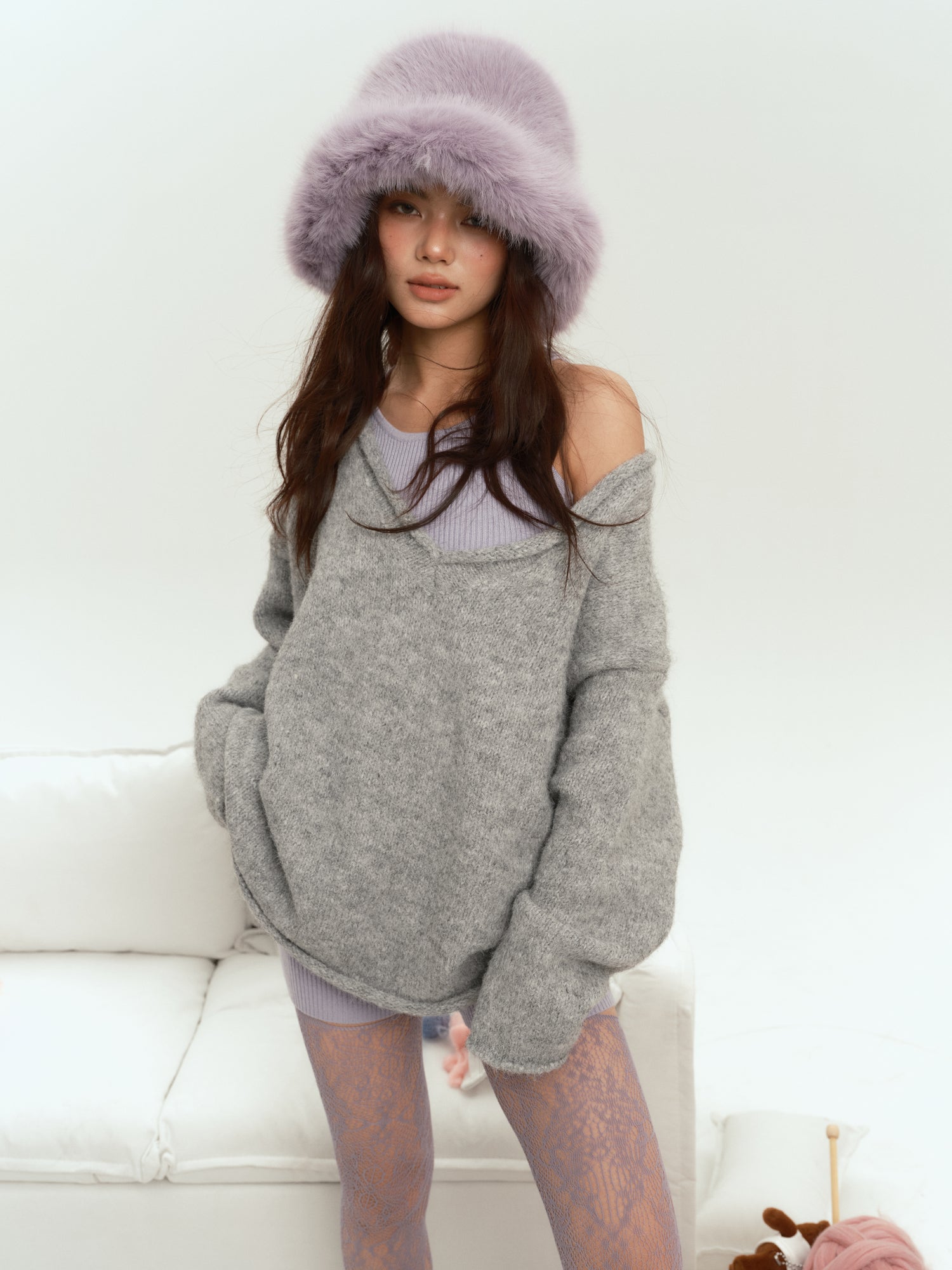 f1os Grey V-neck Oversize Sweater