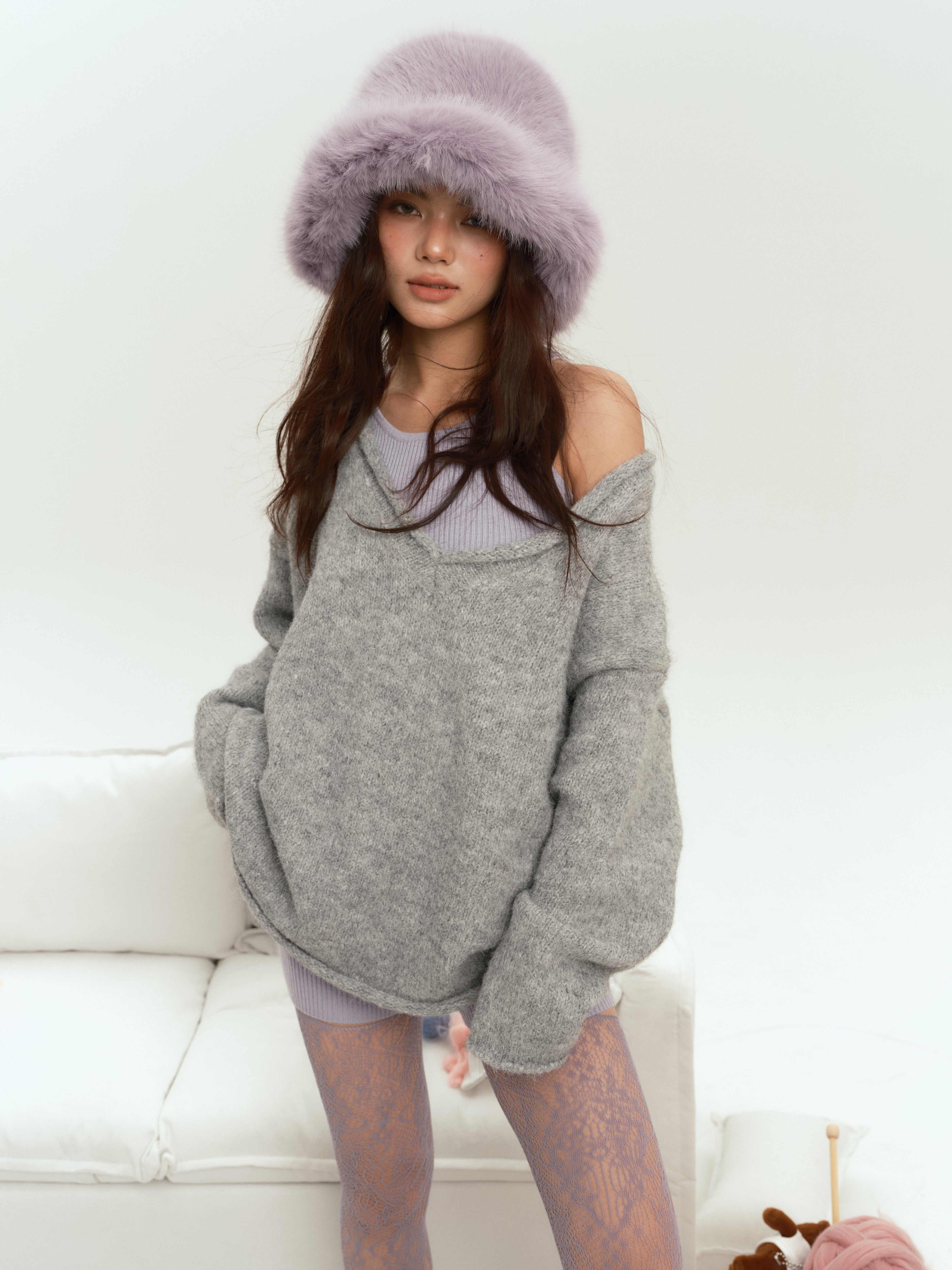 f1os Grey V-neck Oversize Sweater