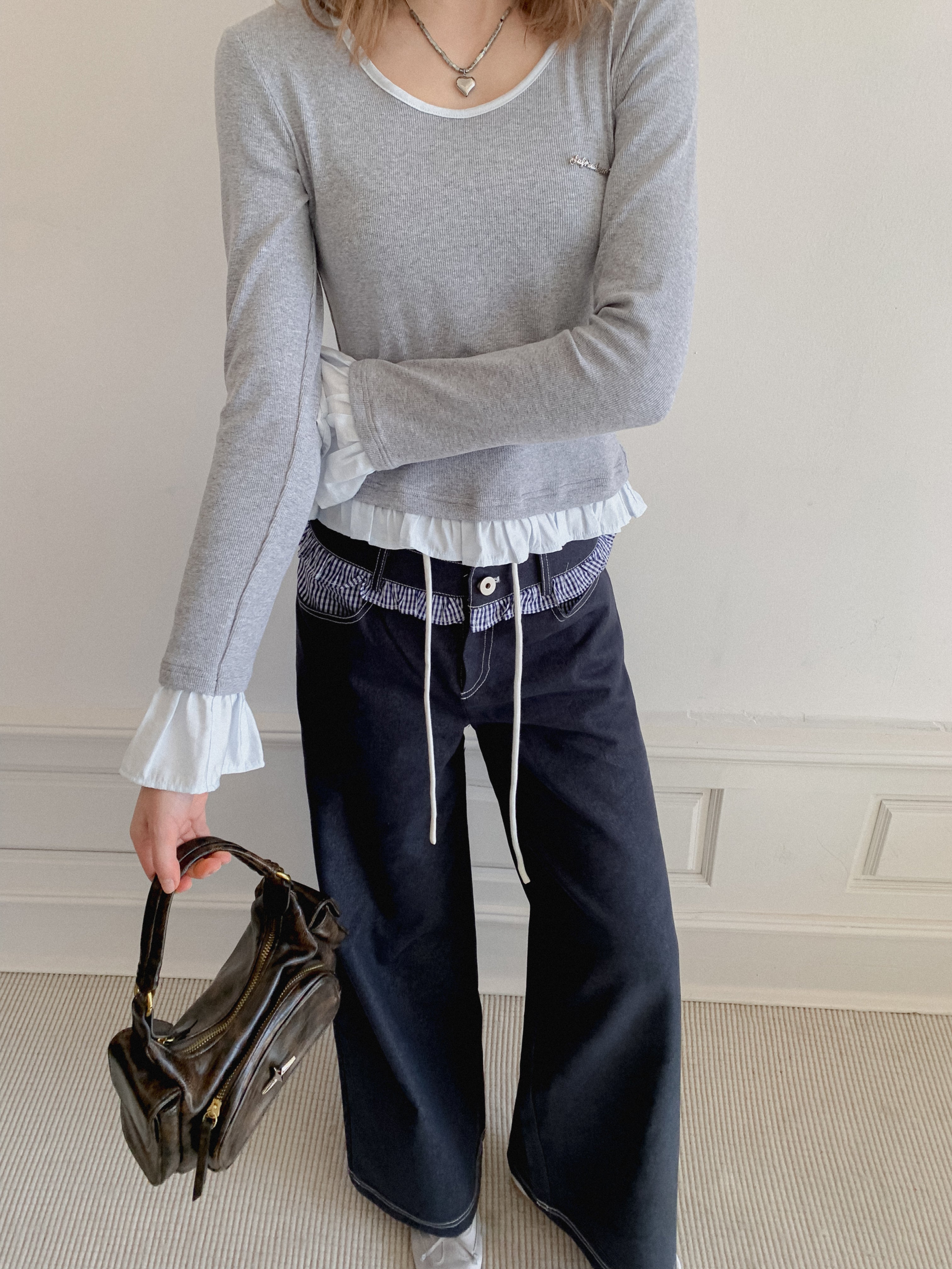 Lafreedom LAF350127 Checkered lace patchwork loose jeans