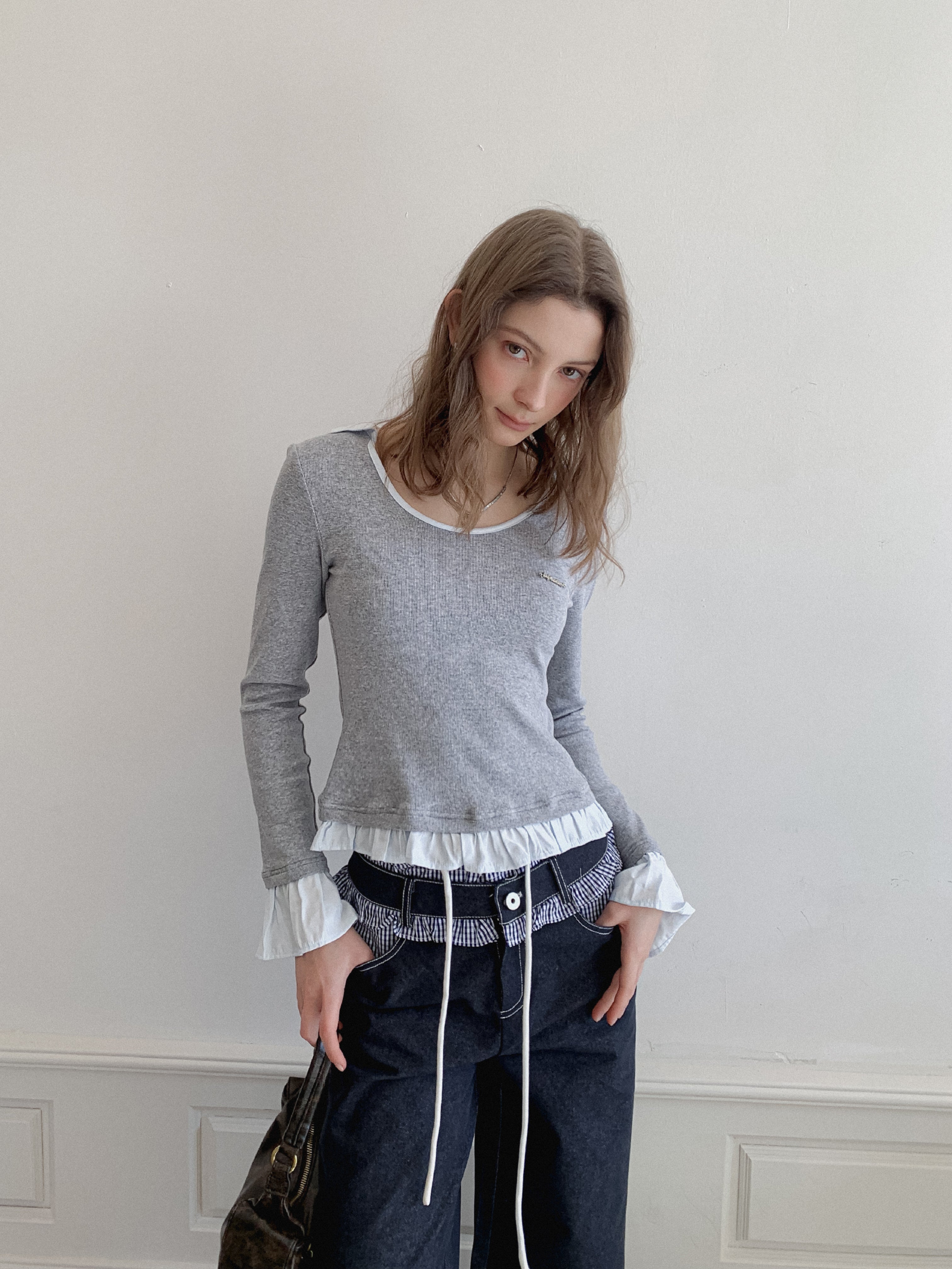 Lafreedom LAC350114 Splicing knitted top (2color)