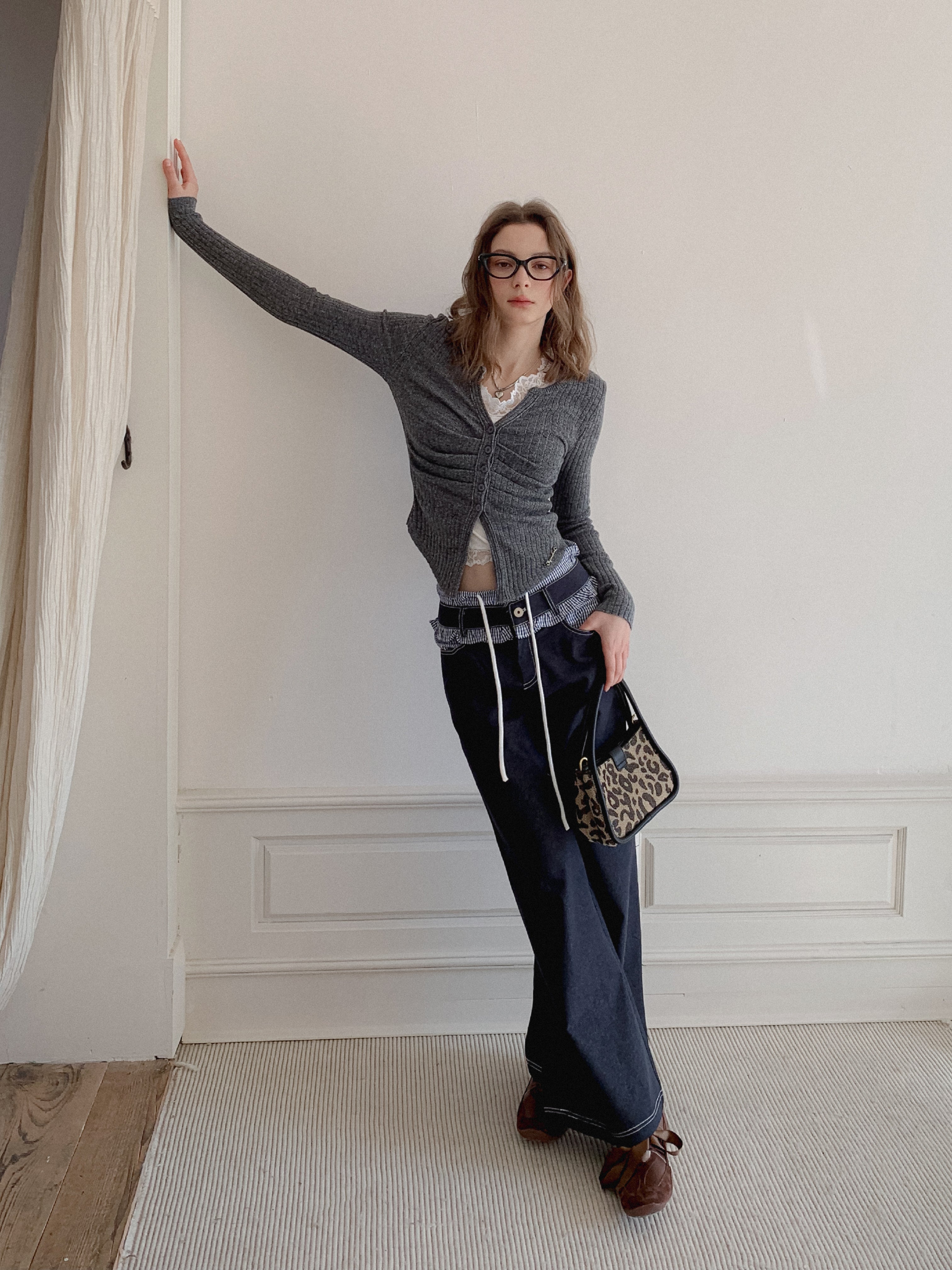 Lafreedom LAF350127 Checkered lace patchwork loose jeans