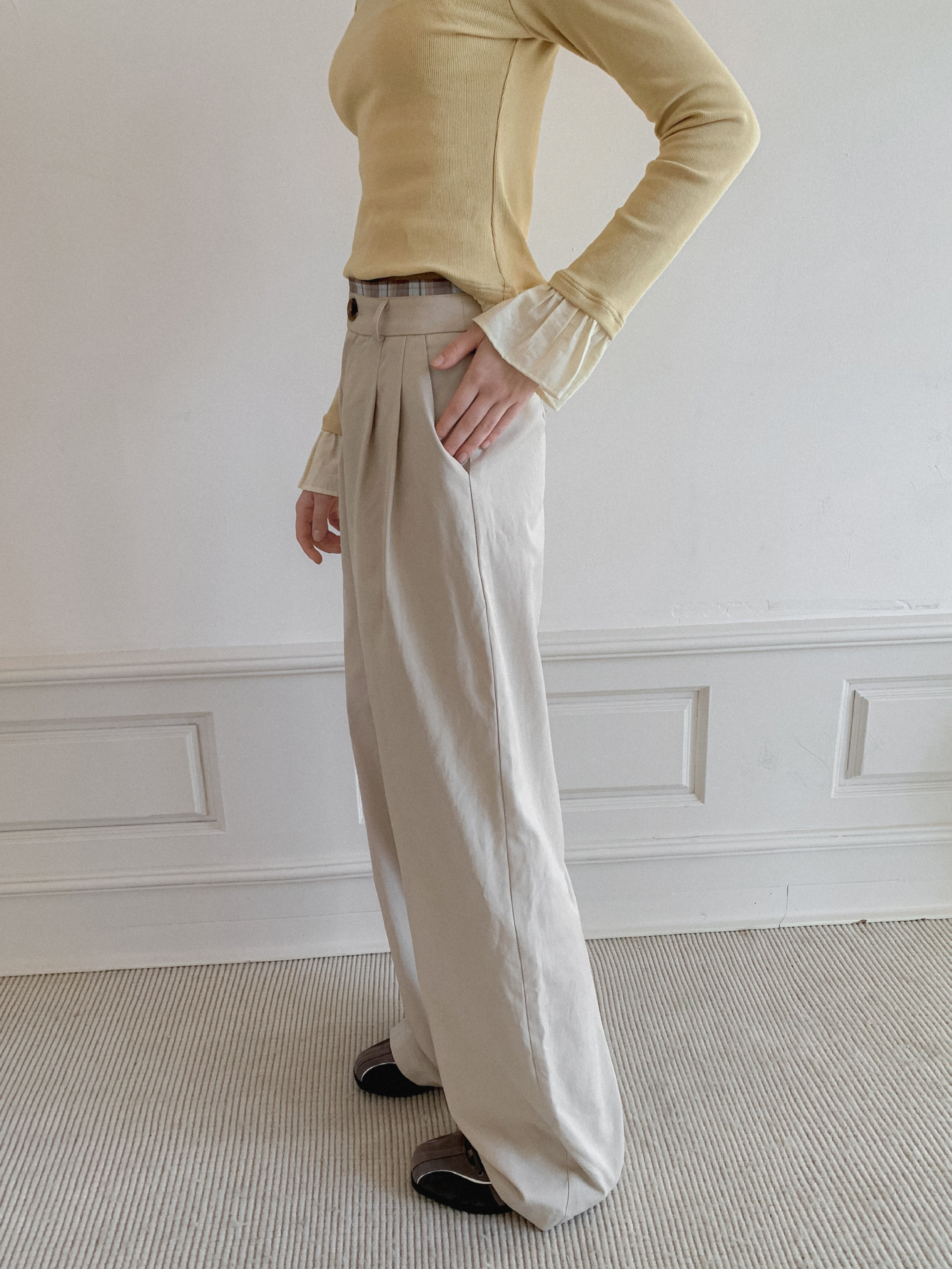 Lafreedom LAC350115 Simple checkered patchwork loose pants (2color)