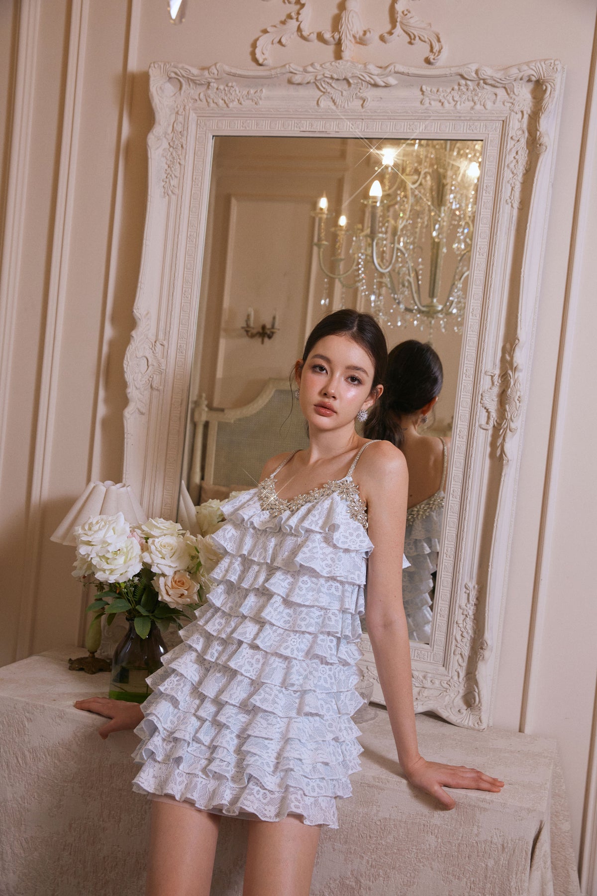 Wardrobes by chen Lace Rhinestone Chain Dress