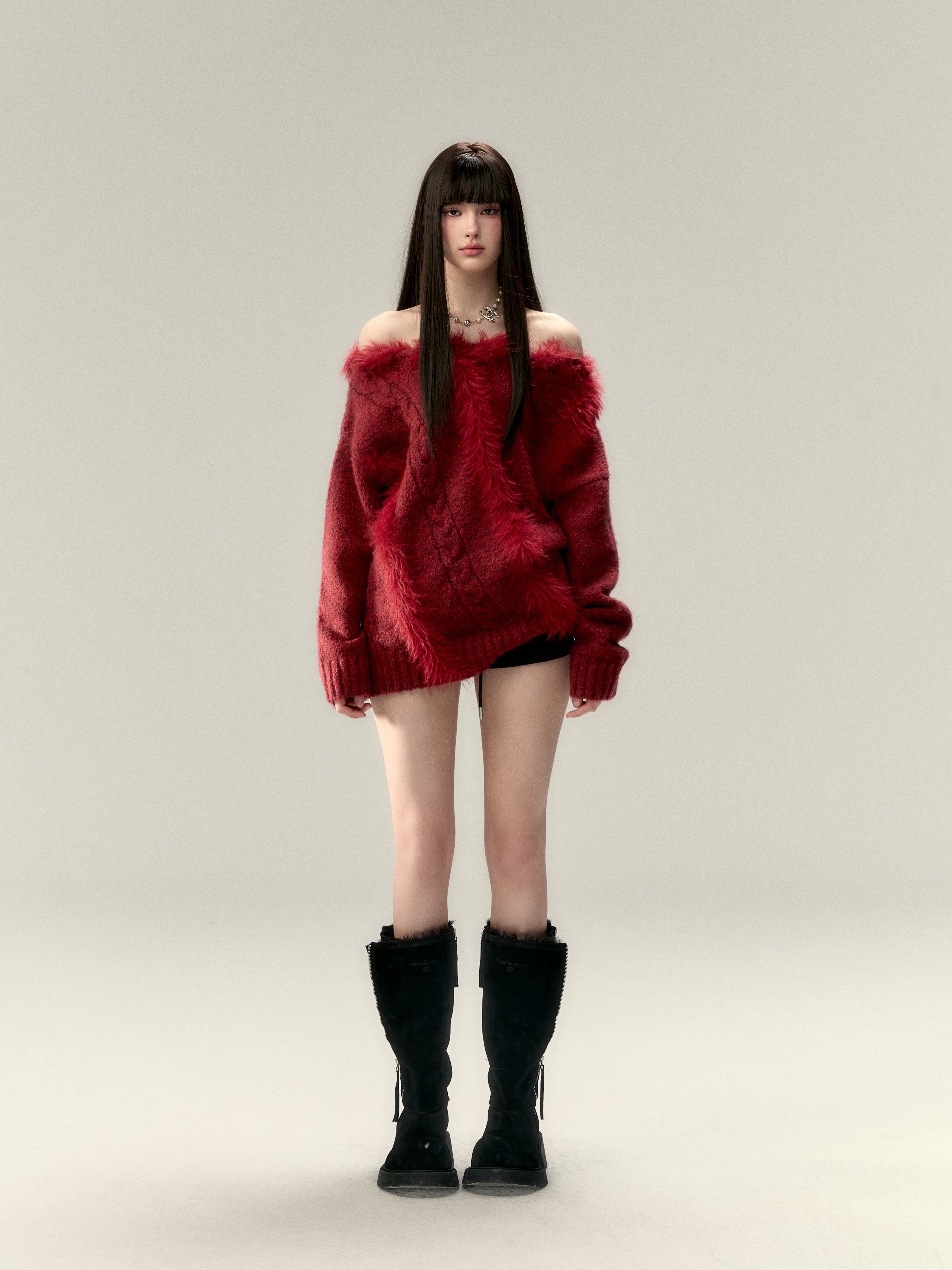 VIA PITTI V23DK320 Spliced wool sweater with sloping shoulders(2color)