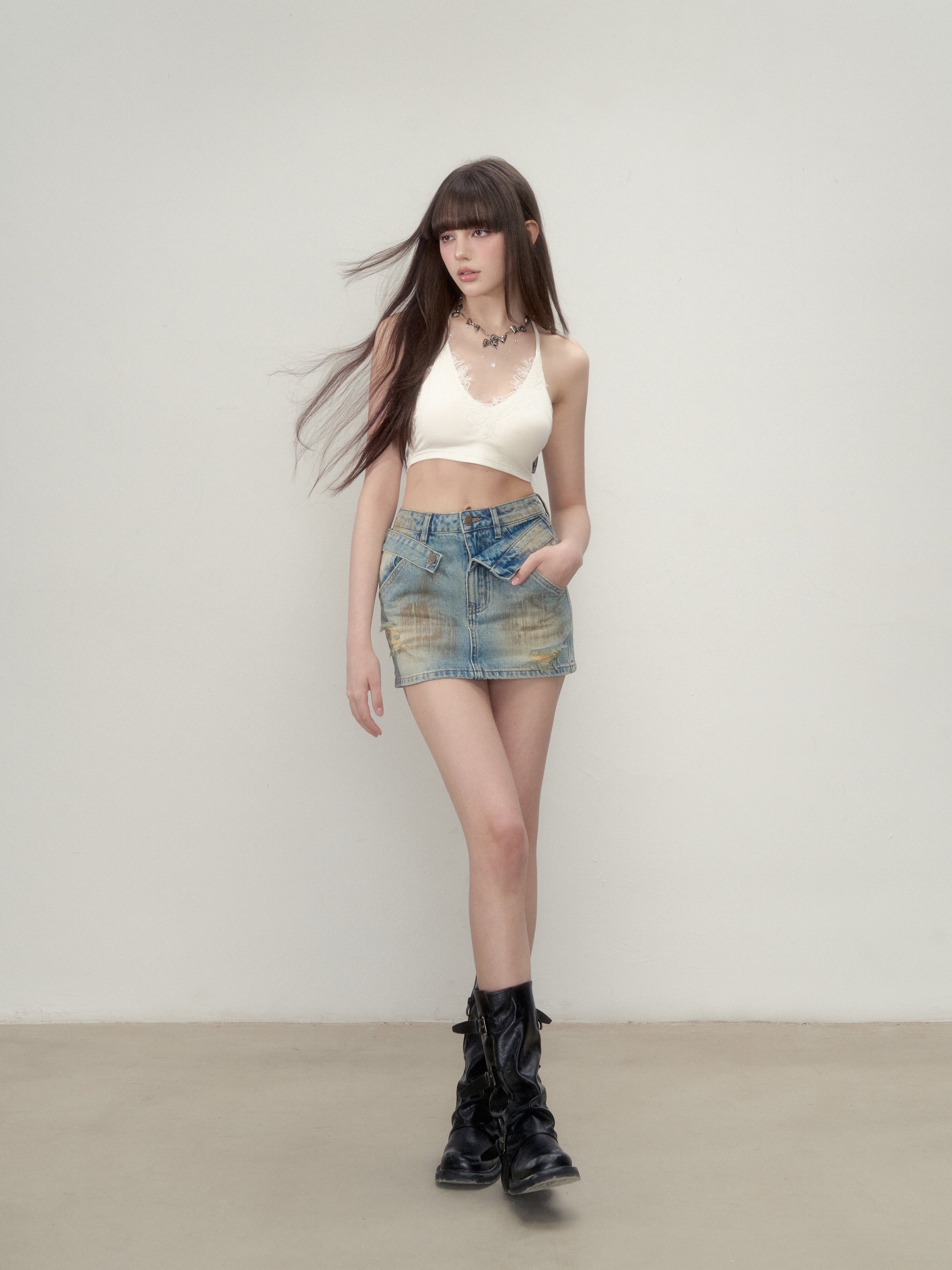 VIA PITTI V24CS065 Vintage distressed denim mini skirt