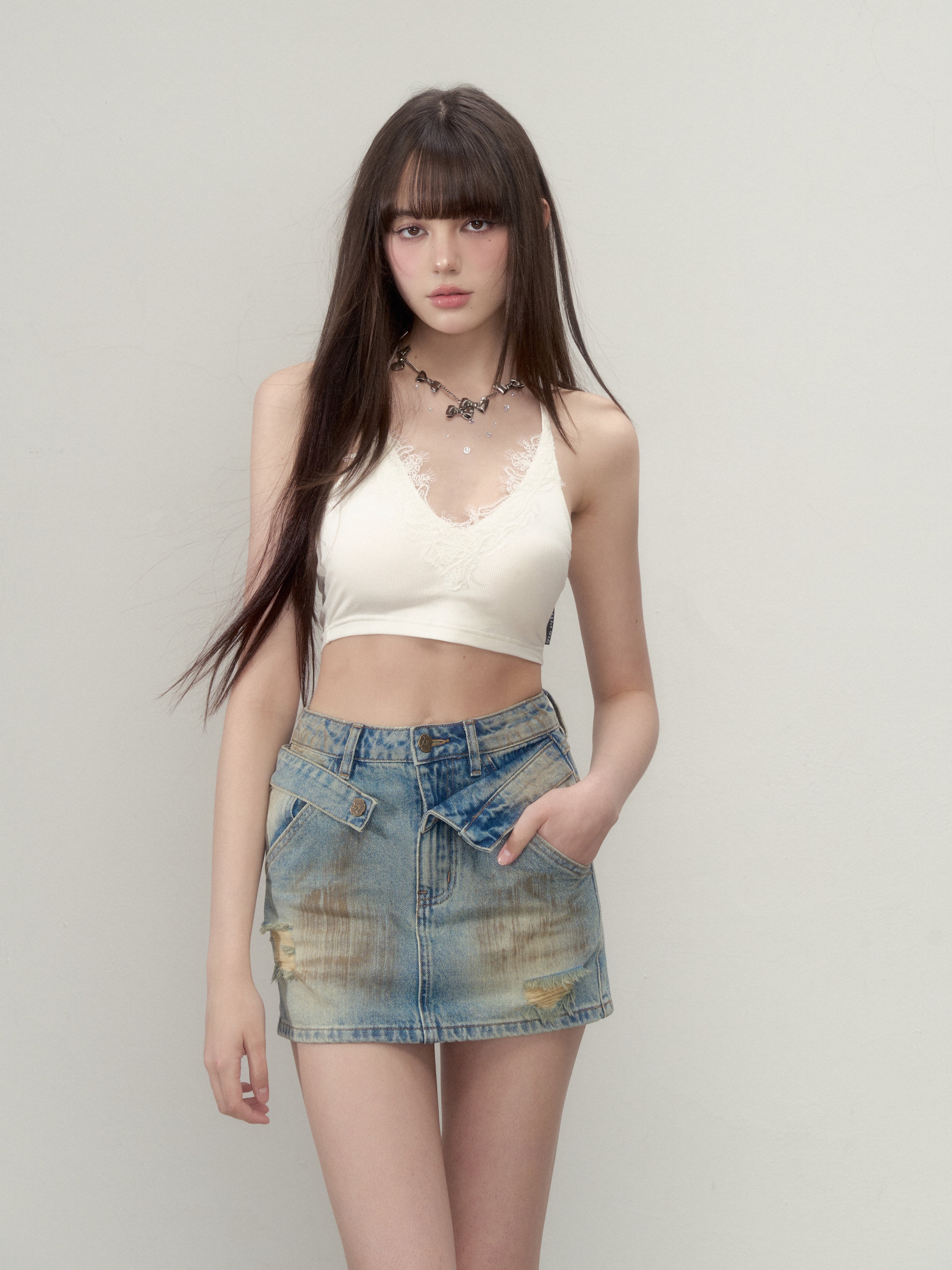 VIA PITTI V24CS065 Vintage distressed denim mini skirt