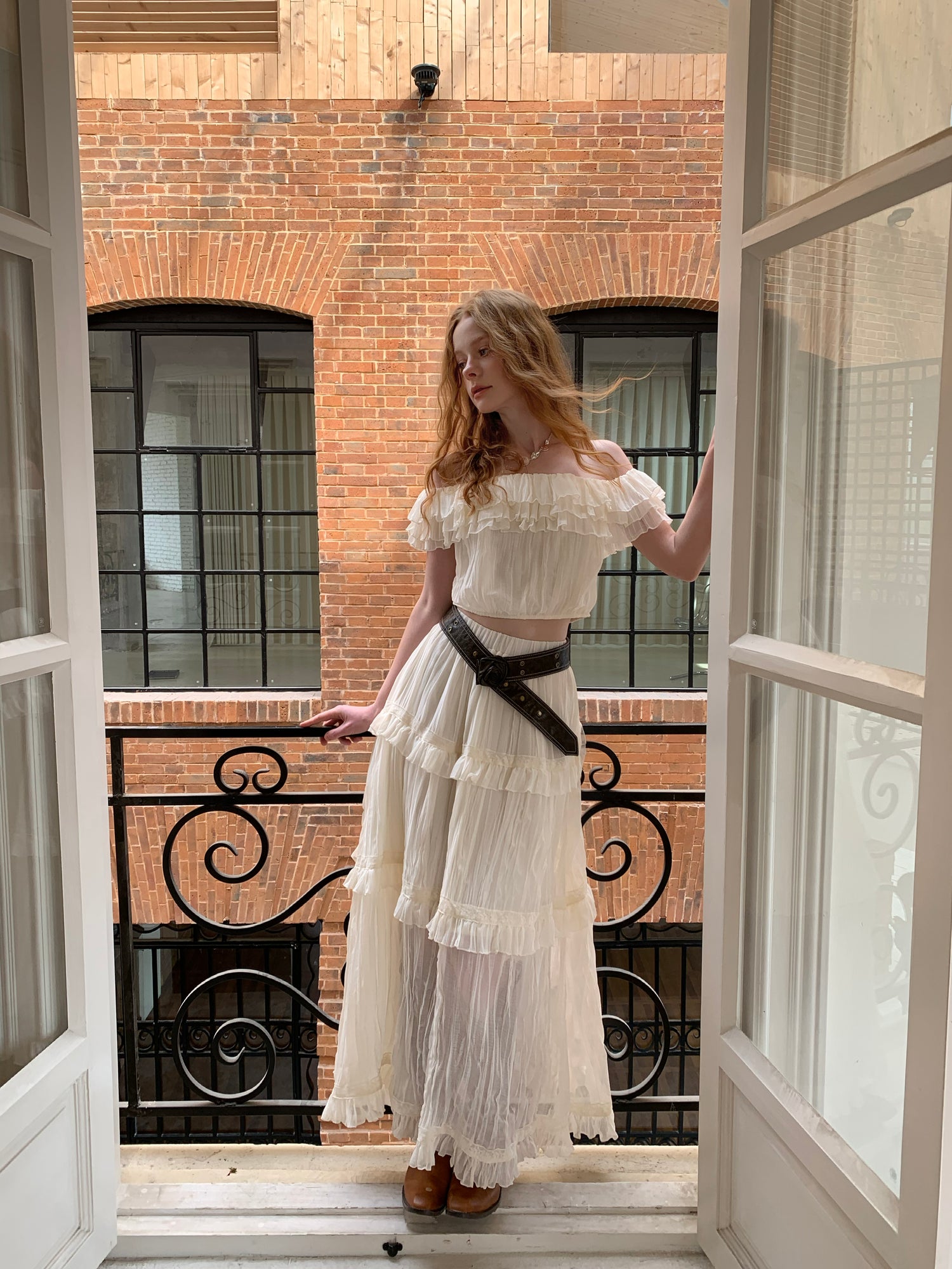 Lafreedom LAC350303&LAC350304 Bohemian vacation off shoulder top + skirt set (2color)