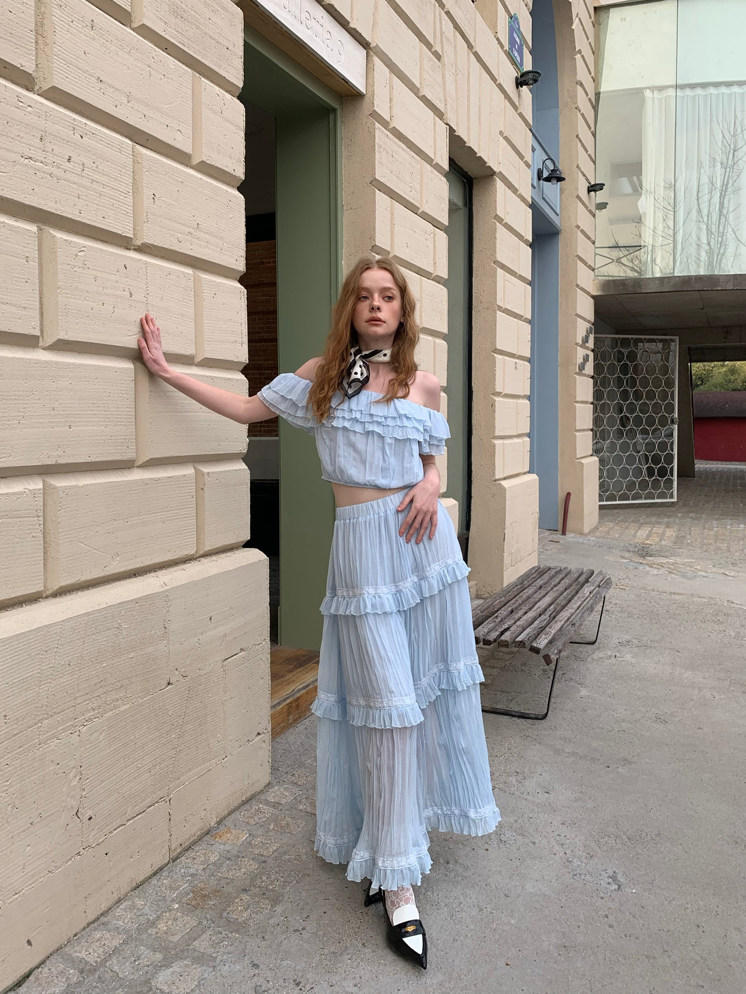 Lafreedom LAC350303&LAC350304 Bohemian vacation off shoulder top + skirt set (2color)