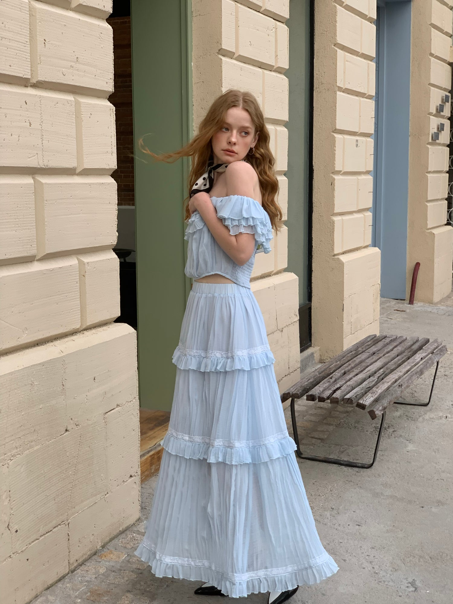 Lafreedom LAC350303&LAC350304 Bohemian vacation off shoulder top + skirt set (2color)