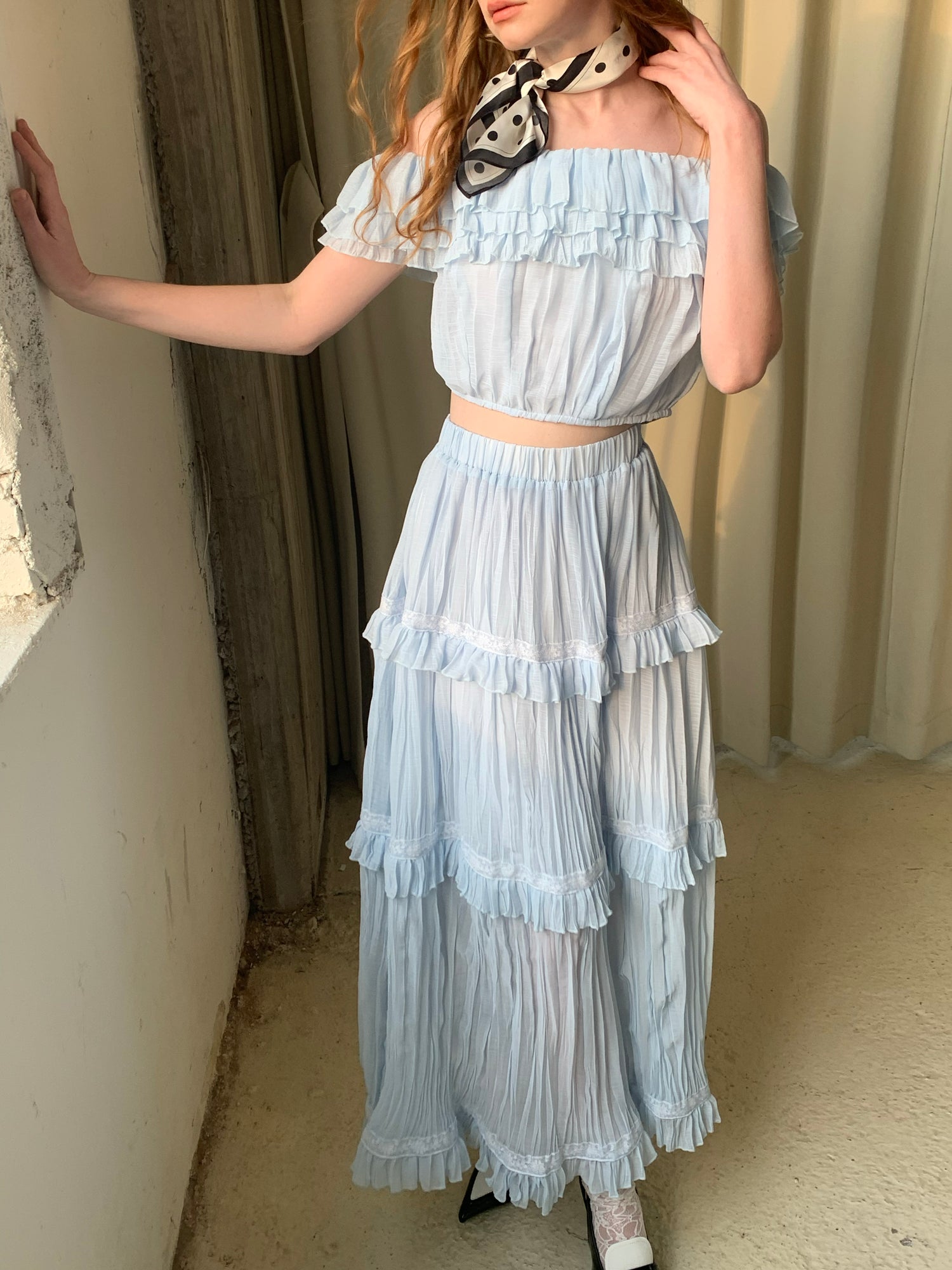 Lafreedom LAC350303&LAC350304 Bohemian vacation off shoulder top + skirt set (2color)