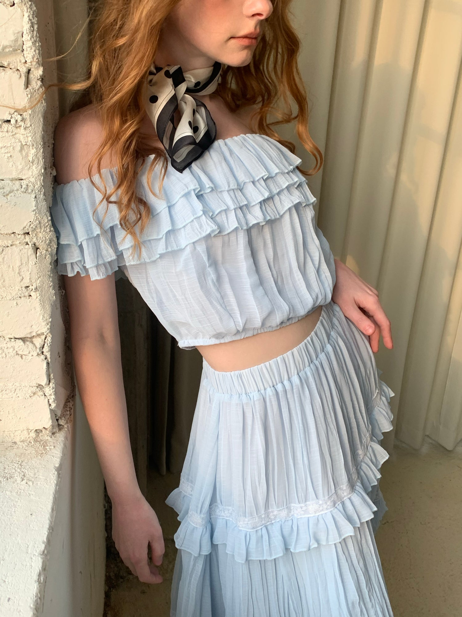 Lafreedom LAC350303&LAC350304 Bohemian vacation off shoulder top + skirt set (2color)