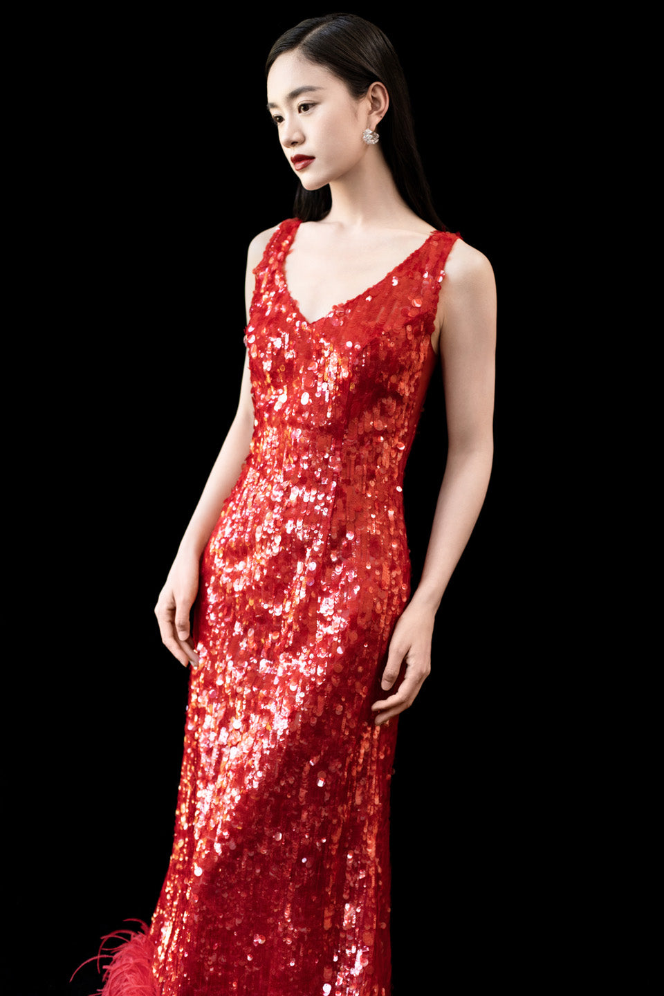 GORGEOUS Sparkling feather suspender maxi dress