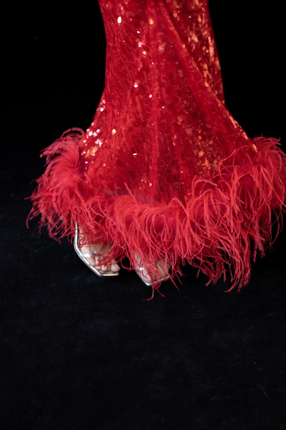 GORGEOUS Sparkling feather suspender maxi dress